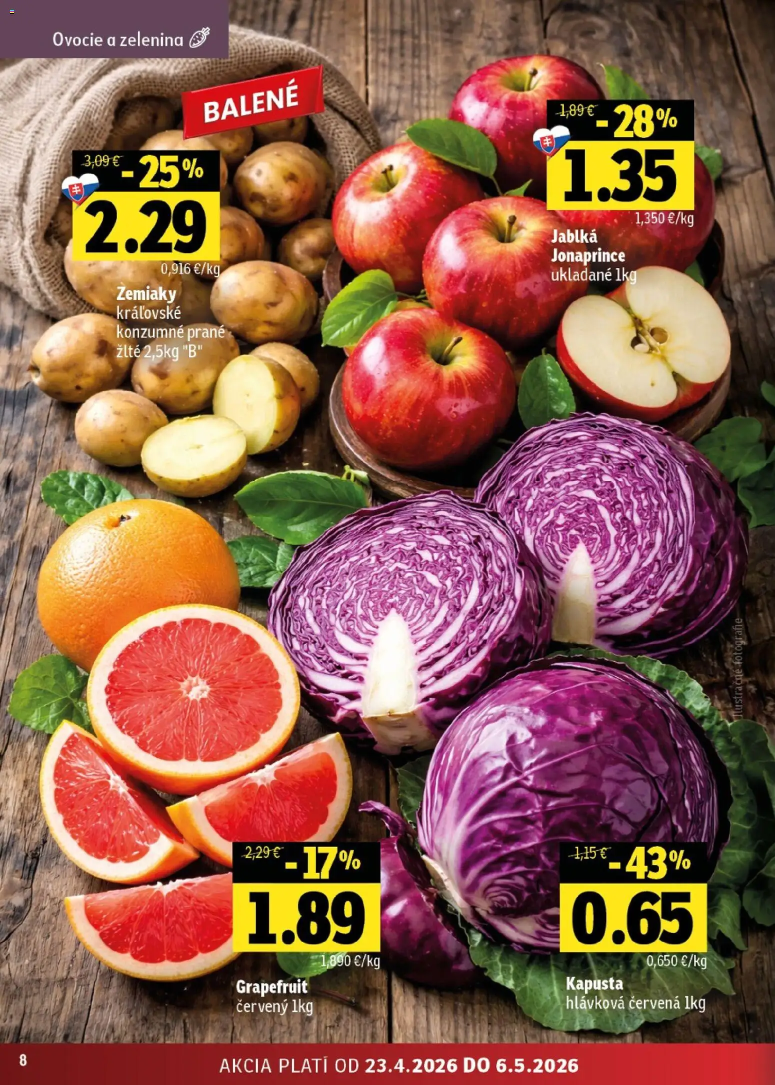Nové Fresh akcie – leták je platný od 23.04.2026 | Strana: 8 | Produkty: Jablká, Grapefruit, Zemiaky, Ovocie