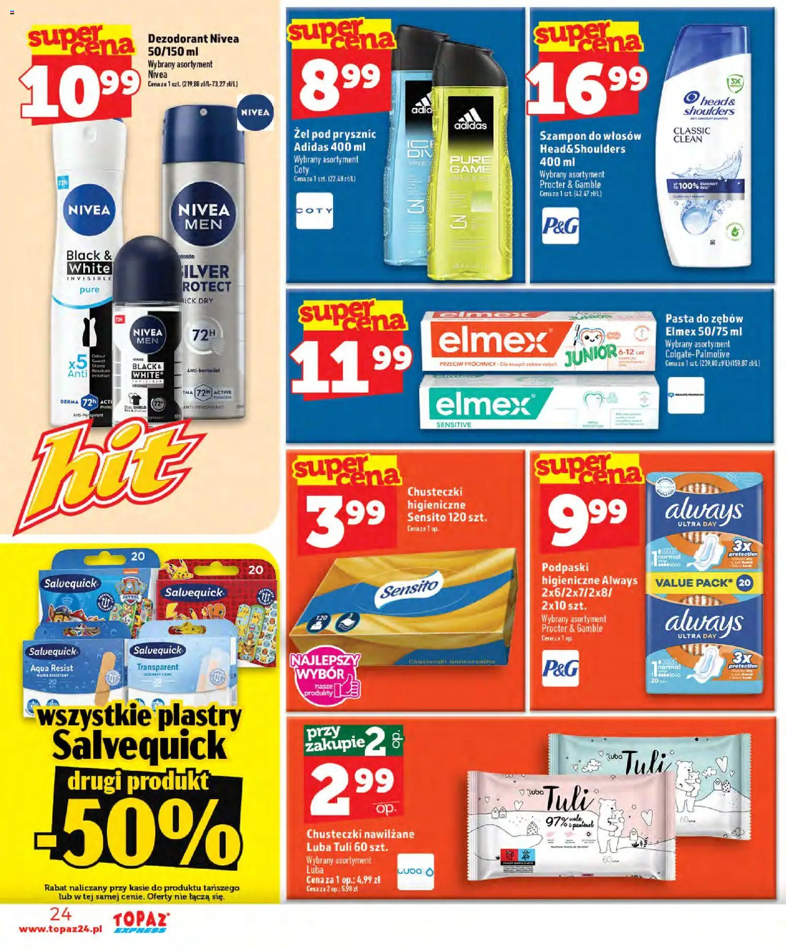 Topaz gazetka - Express od 30.07.2026 | Strona: 24 | Produkty: Chusteczki higieniczne, Żel pod prysznic, Dezodorant, Pasta do zębów