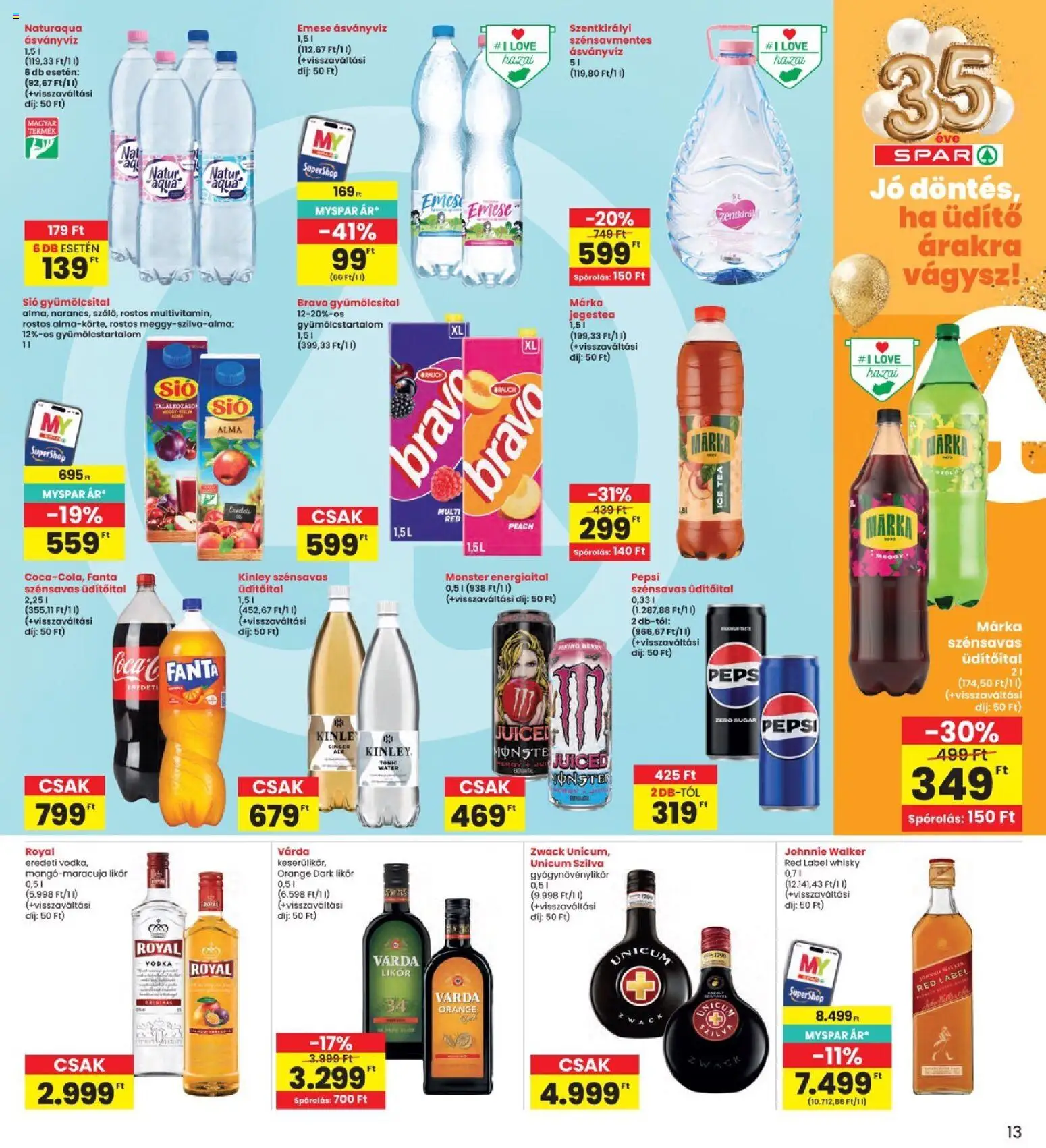 Interspar akciós ujság - amely érvényes a következő dátumtól: 2026.08.27. | Oldal: 13 | Termékek: Jegestea, Ásványvíz, Likőr, Whisky