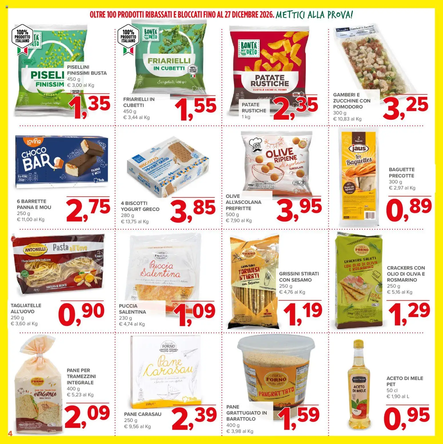 Volantino Todis del 29/10/2026 | Pagina: 4 | Prodotti: Tagliatelle, Gamberi, Biscotti, Patate