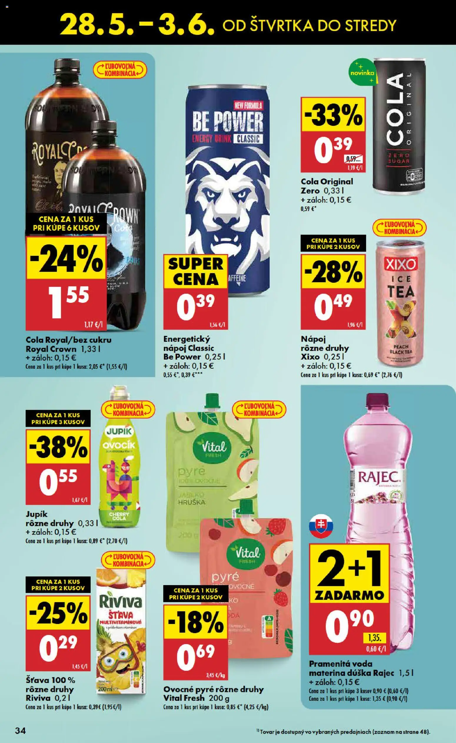 Nové Biedronka akcie – leták je platný od 28.05.2026 | Strana: 34 | Produkty: Rajec, Voda, Cola, Energetický nápoj