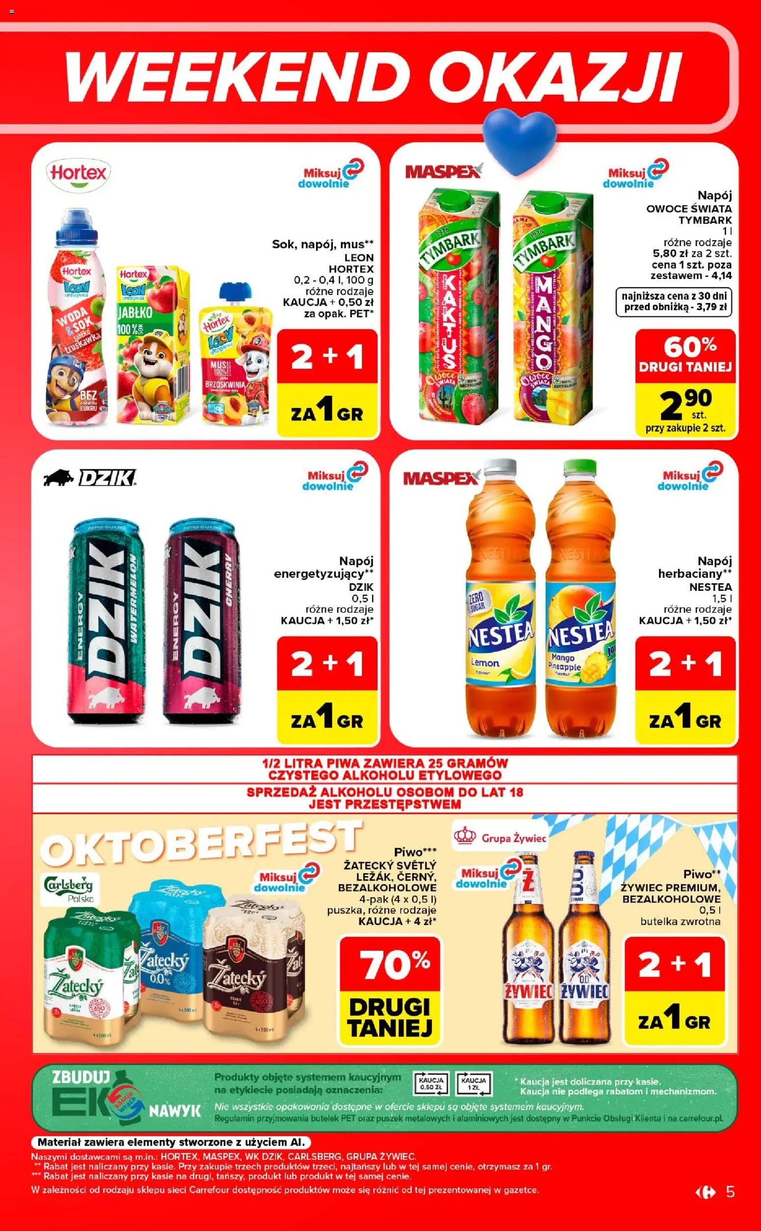 Carrefour gazetka - Weekend okazji od 17.09.2026 | Strona: 5 | Produkty: Carlsberg, Sok, Piwo, Woda