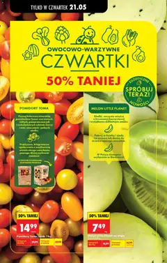 Pogląd oferty "Melon Little Planet, Słodki, soczysty miąższ o kremowej konsystencji i wyjątkowo delikatnym smaku. Pokrój w kostkę i zjedz na surowo lub dodaj do orzeźwiającego smoothie." - ważna od 21.05.2026 | Strona: 32 | Produkty: Melon, Pomidory