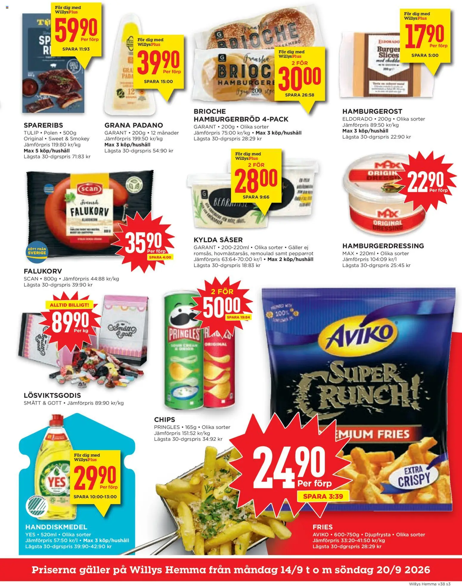 Willys reklamblad aktuell från 14/09/2026 | Sida: 3 | Produkter: Pringles, Brioche, Falukorv, Pepparrot