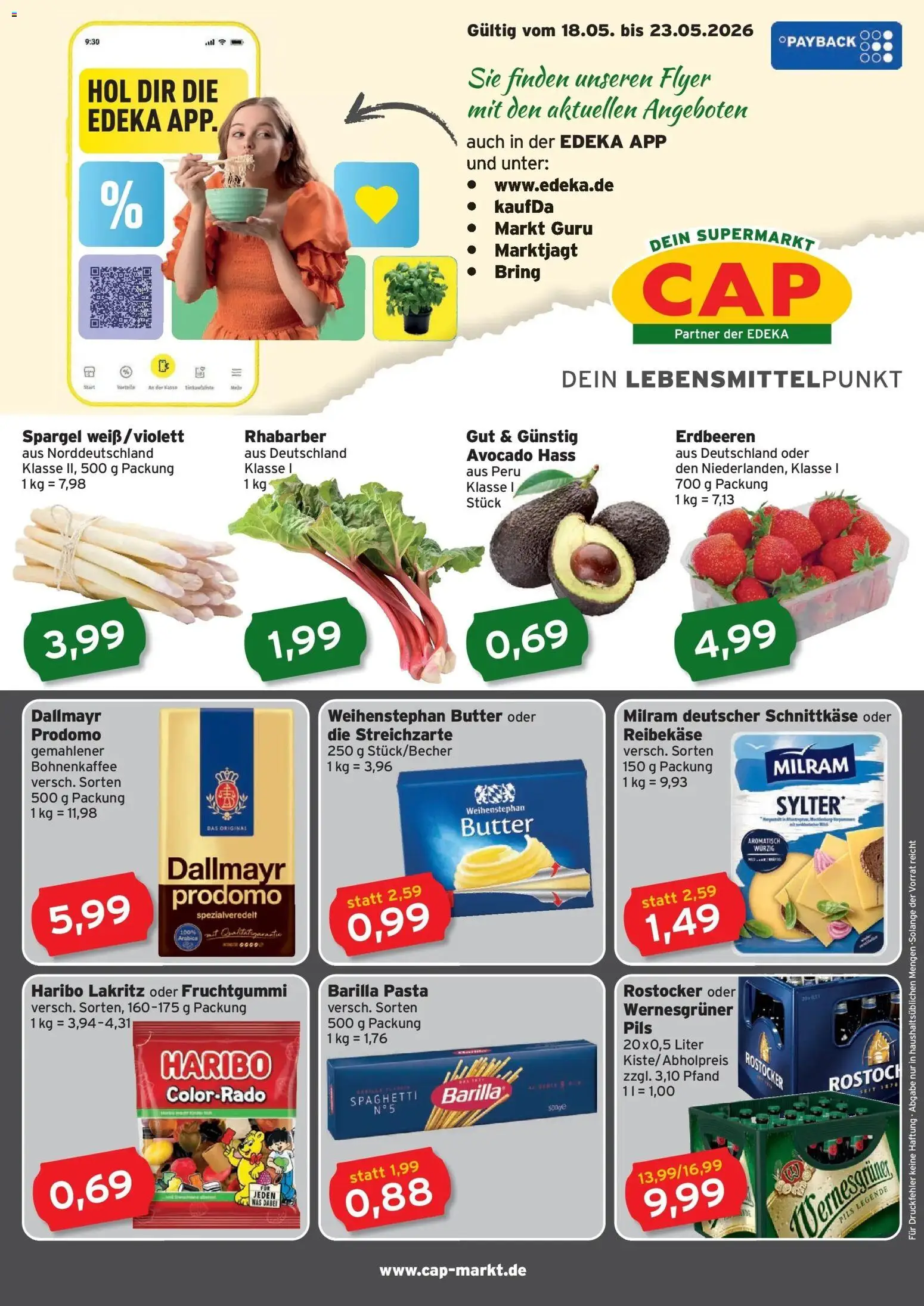 CAP Markt Prospekt Rostock – gültig ab 17.05.2026 | Seite: 1 | Produkte: Butter, Barilla, Dallmayr prodomo, Reibekase