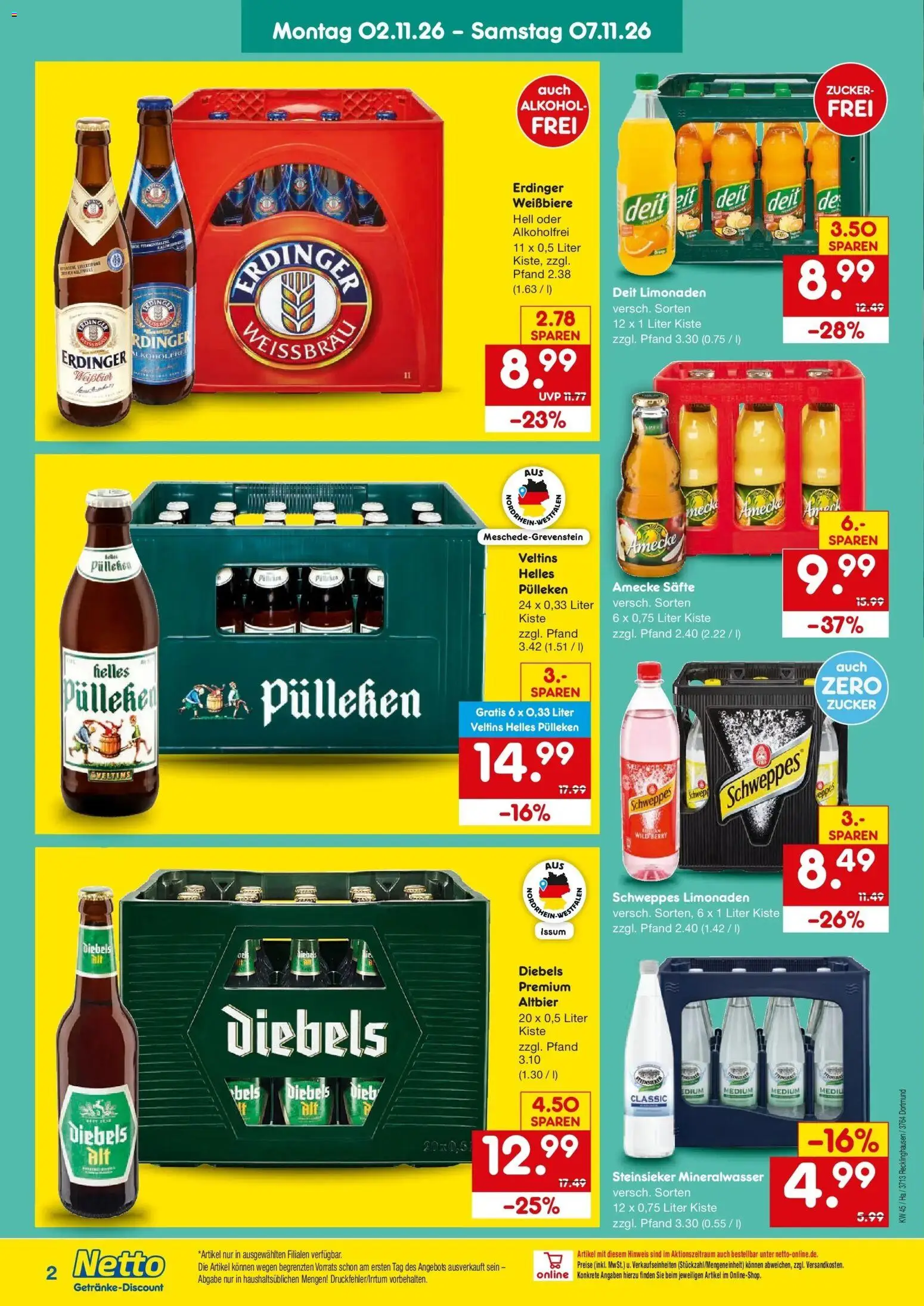 Netto Marken-Discount Prospekt Recklinghausen – gültig ab 02.11.2026 | Seite: 2 | Produkte: Erdinger, Schweppes, Zucker, Veltins