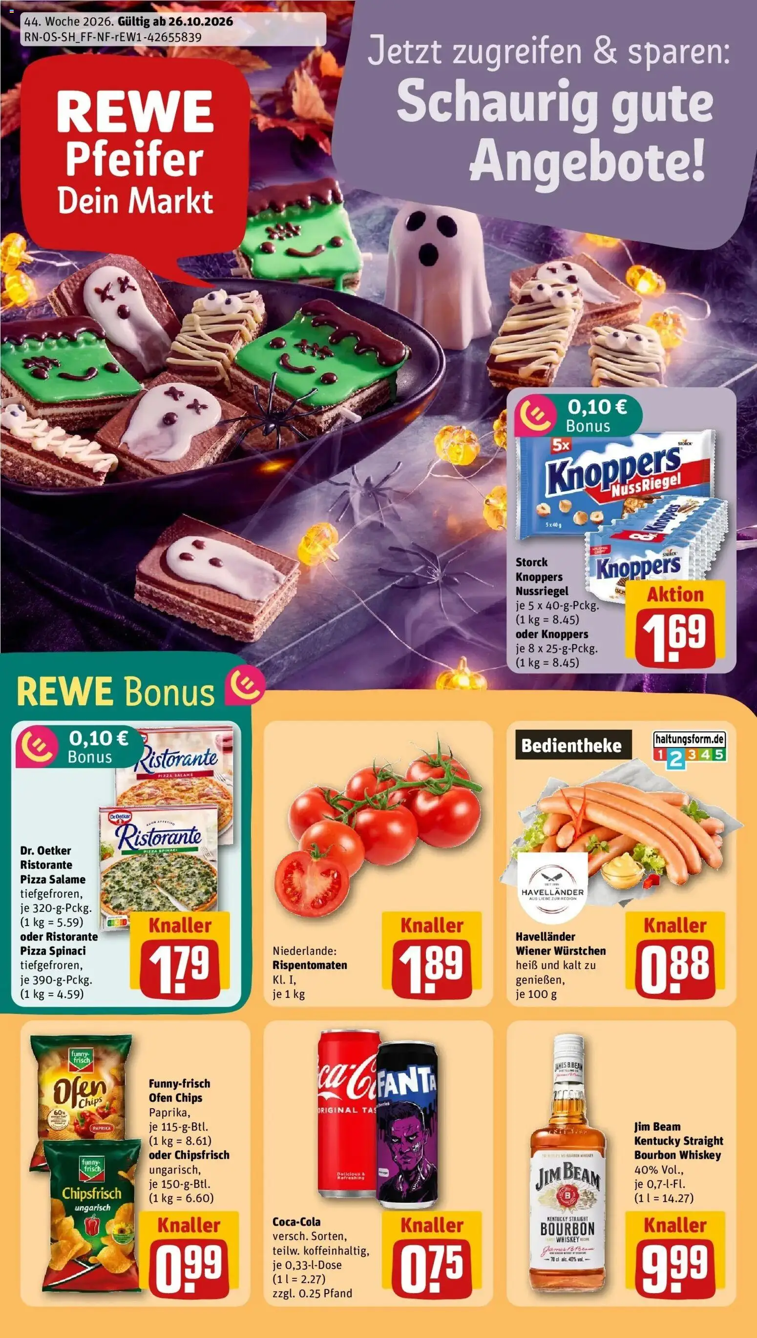 REWE Prospekt ab 26.10.2026 zum Blättern » Angebote | Seite: 1 | Produkte: Wiener wurstchen, Paprika, Bourbon, Chips