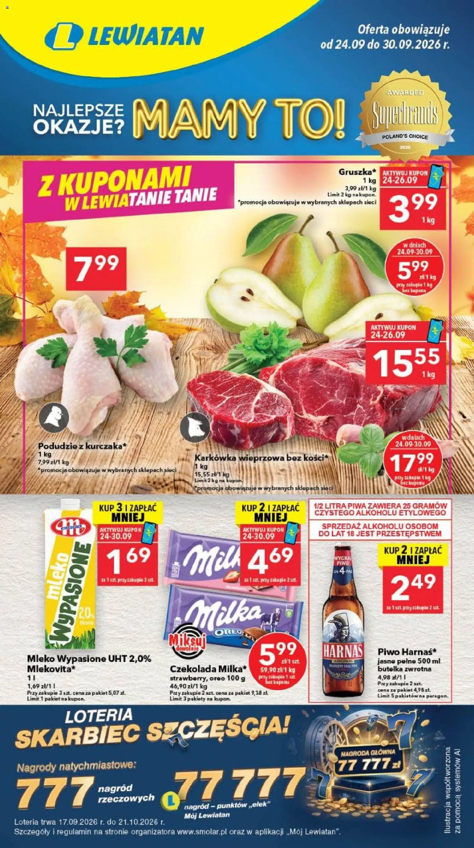 Lewiatan gazetka - Bydgoszcz od 24.09.2026 | Strona: 1 | Produkty: Karkówka, Oreo, Harnaś, Piwo