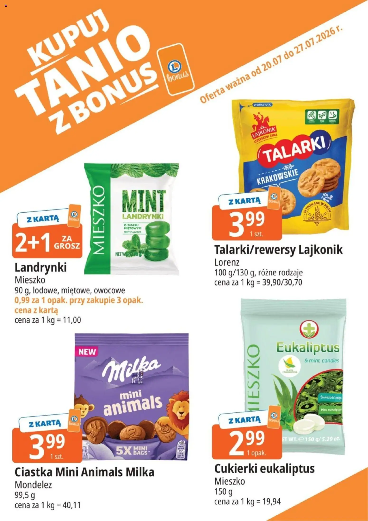 E.Leclerc gazetka - Kupony dodatkowe od 20.07.2026 | Strona: 1 | Produkty: Karta, Milka, Cukierki, Ciastka