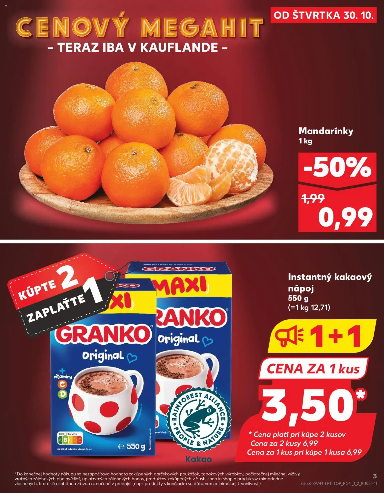 Nové Kaufland akcie – leták je platný od 30.10.2025 | Strana: 3 | Produkty: Nápoje, Mandarinky, Sushi, Kakao