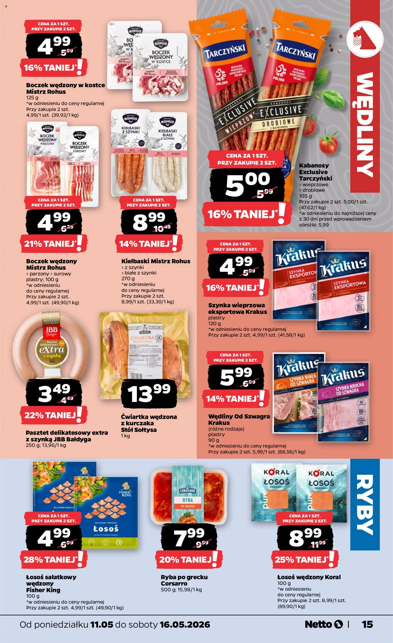 Netto gazetka od poniedziałku spożywcza od 11.05.2026 | Strona: 15 | Produkty: Kabanosy, Szynka, Boczek wędzony, Boczek