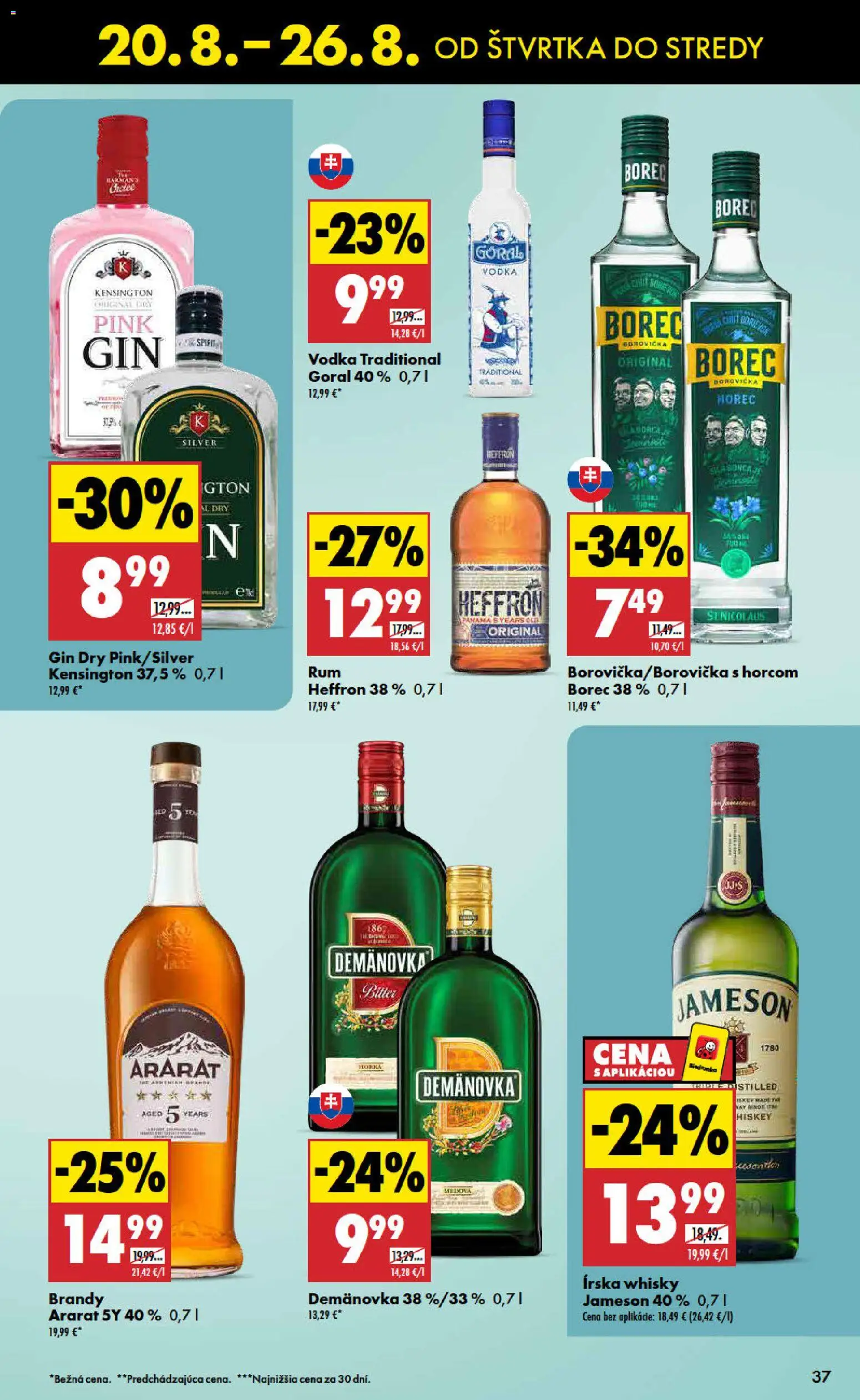 Nové Biedronka akcie – leták je platný od 20.08.2026 | Strana: 37 | Produkty: Borovička, Gin, Whisky, Ararat