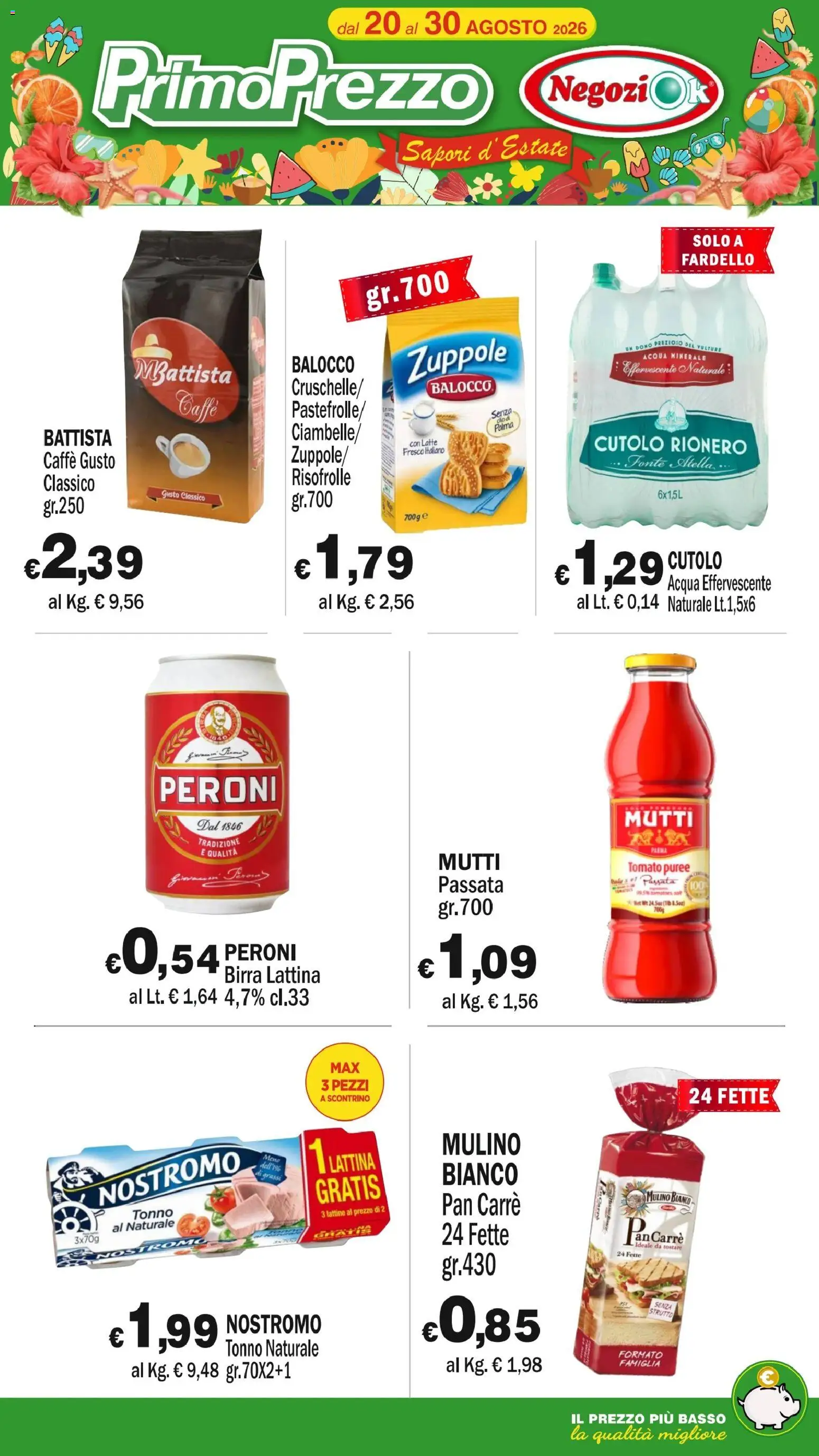 Volantino Primo Prezzo del 20/08/2026 | Pagina: 2 | Prodotti: Caffè, Birra, Latte, Tonno