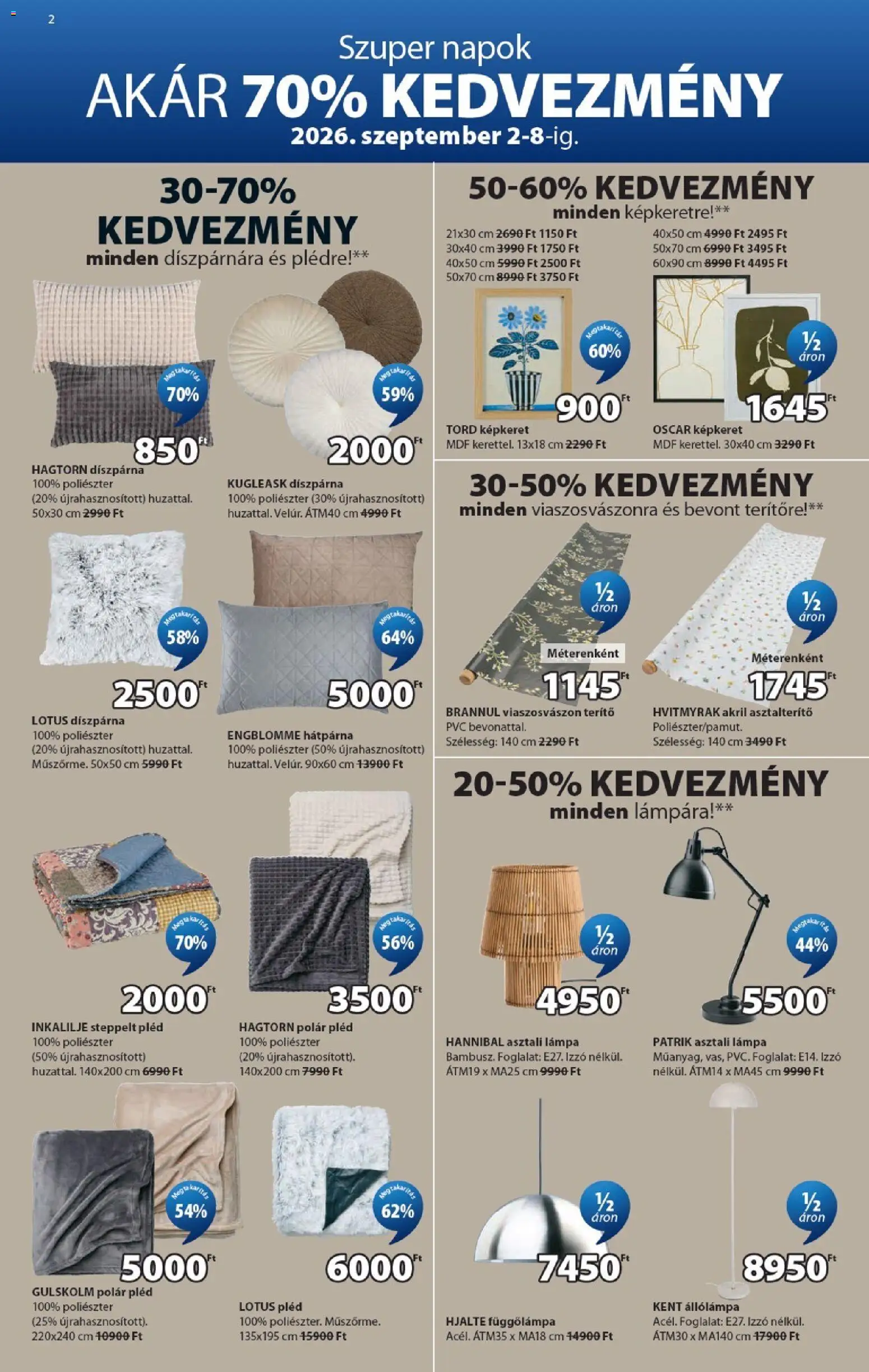 JYSK akciós ujság - amely érvényes a következő dátumtól: 2026.09.02. | Oldal: 2 | Termékek: Hátpárna, Terítő, Asztalterítő, Képkeret