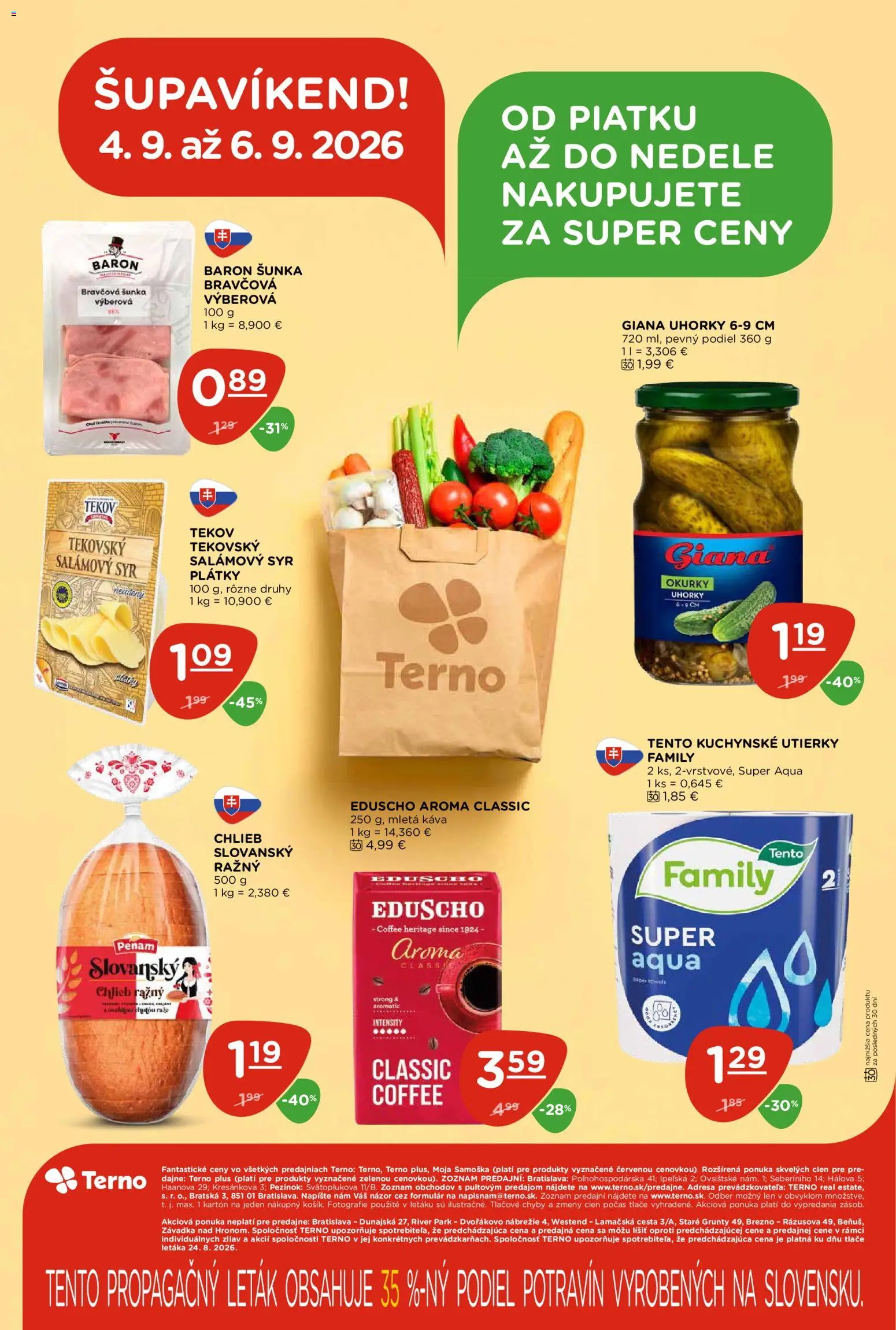 Nové Terno akcie – leták je platný od 03.09.2026 | Strana: 28 | Produkty: Káva, Šunka, Utierky, Uhorky