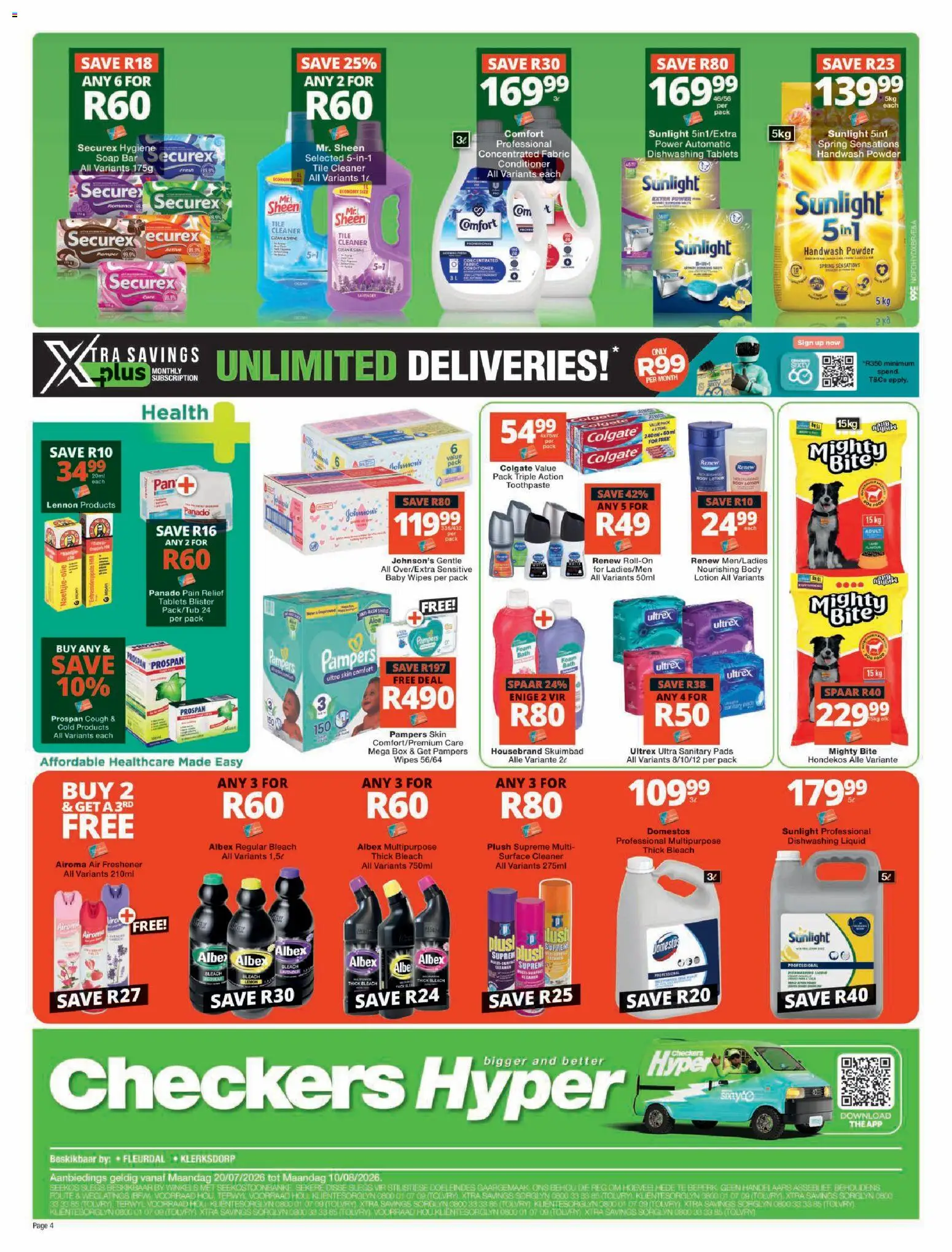 New Checkers catalogue – valid from 20/07/2026 | Page: 4 | Products: Bleach, Conditioner, Soap, Lotion