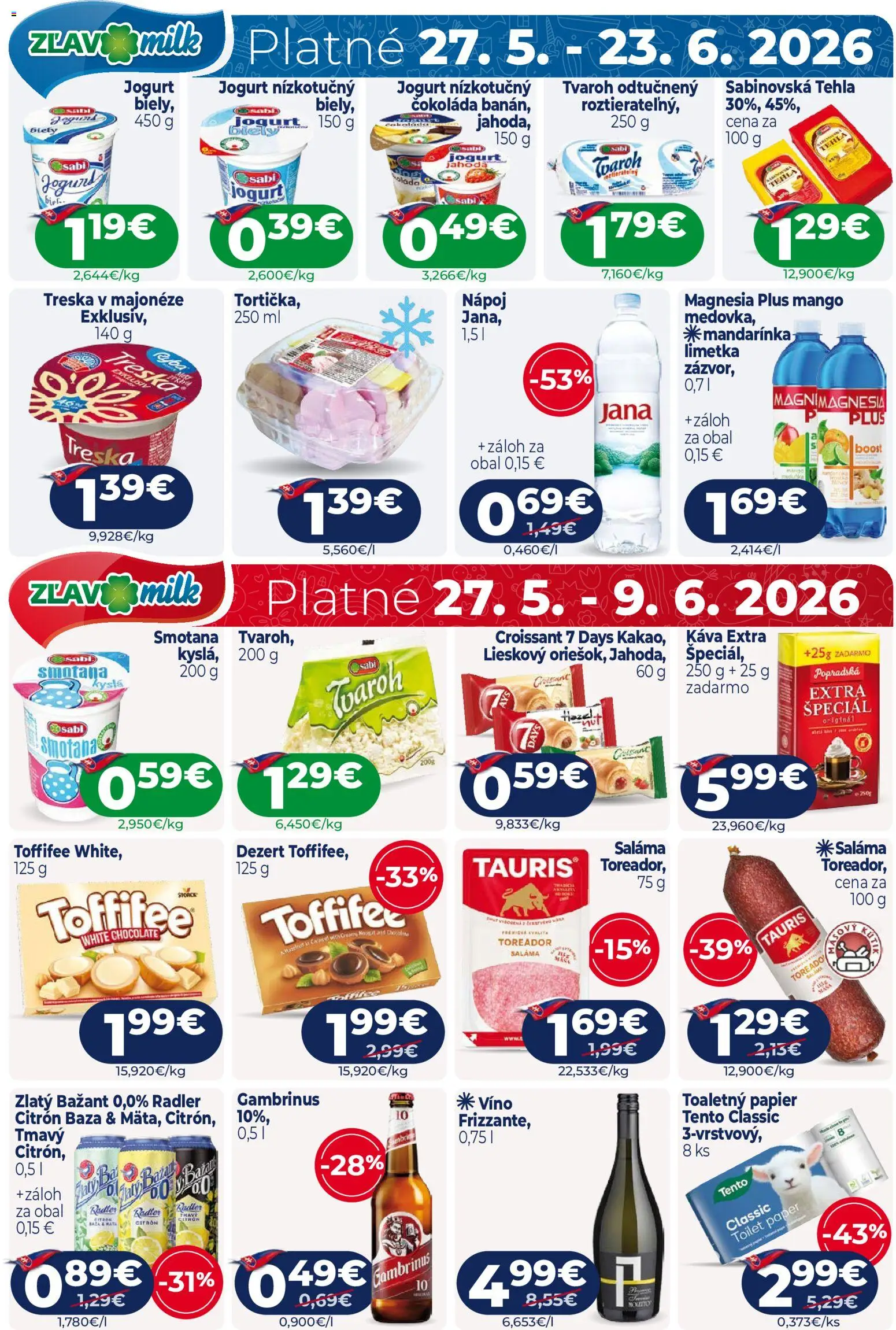 Nové Milk Agro akcie – leták je platný od 27.05.2026 | Strana: 16 | Produkty: Limetka, Toffifee, Tvaroh, Treska