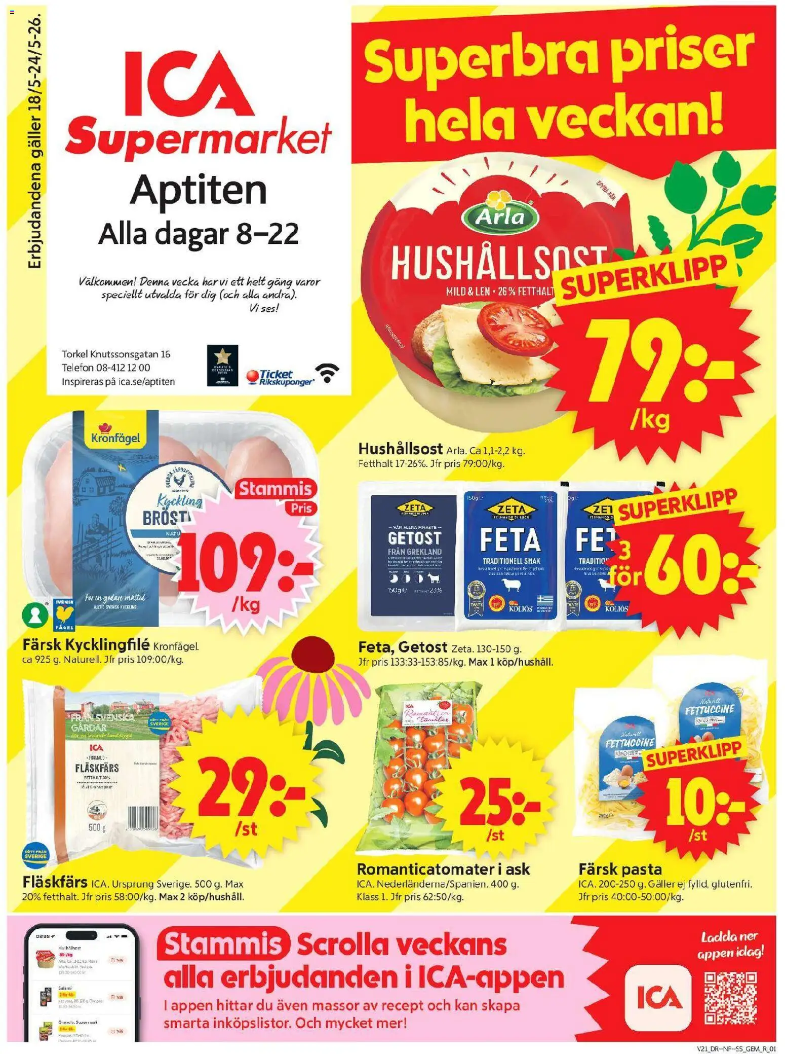 ICA Supermarket reklamblad aktuell från 18.05.2026 | Sida: 1 | Produkter: Kycklingfile, Getost, Pasta, Telefon