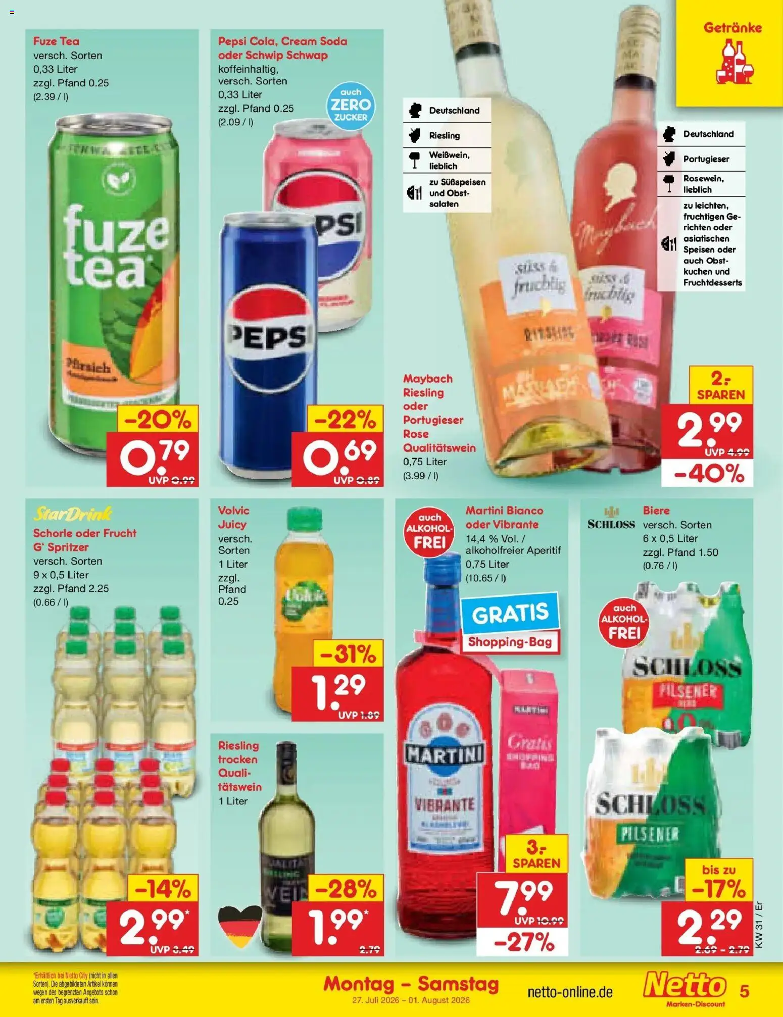 Netto Marken-Discount Prospekt Naumburg – gültig ab 27.07.2026 | Seite: 5 | Produkte: Fuze tea, Schwip schwap, Zucker, Volvic