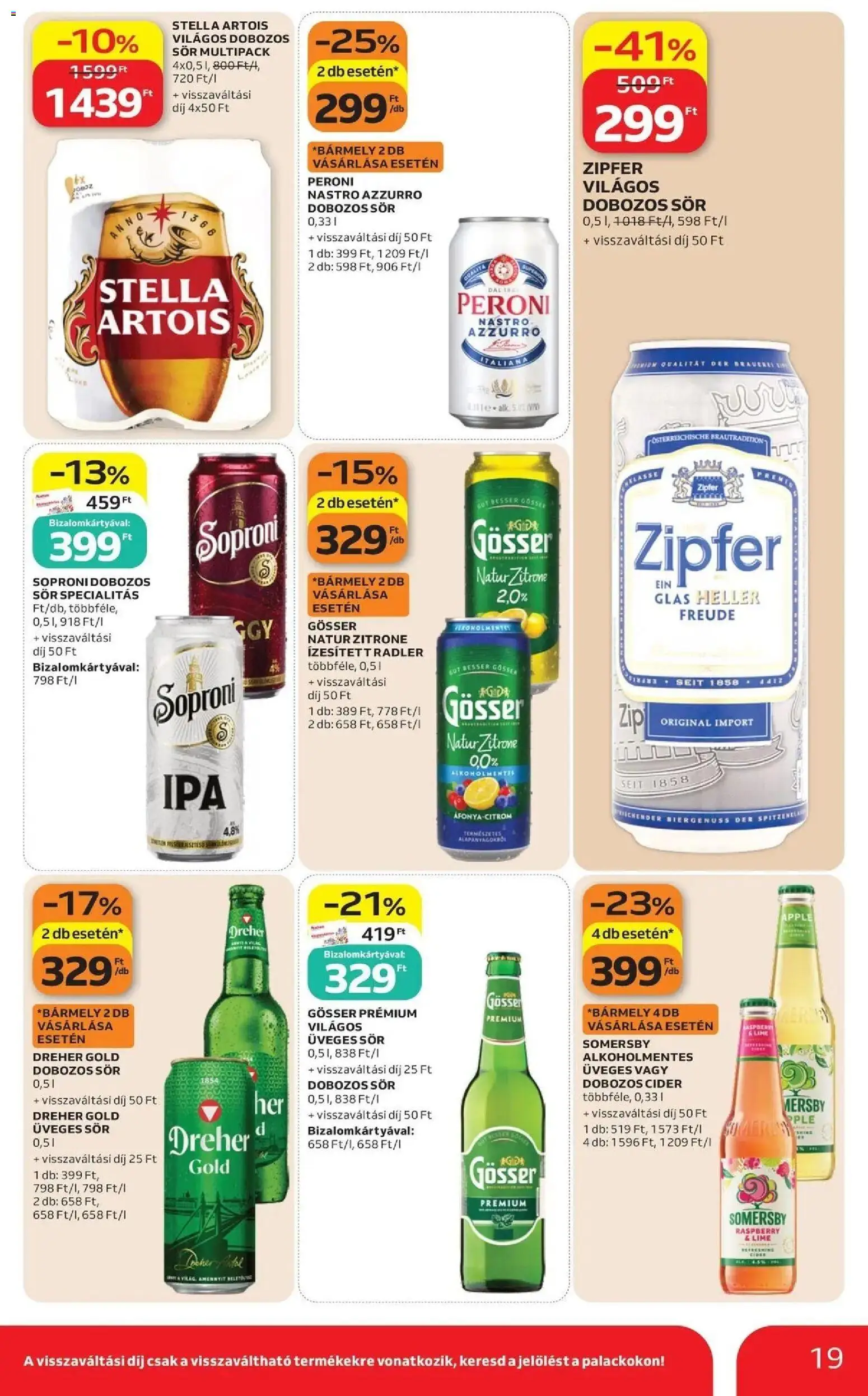 Auchan akciós újság Debrecen - 2026.10.29. -tól/töl > akció, lapozható szórólap 🛍️ | Oldal: 19 | Termékek: Lime, Soproni, Peroni, Cider