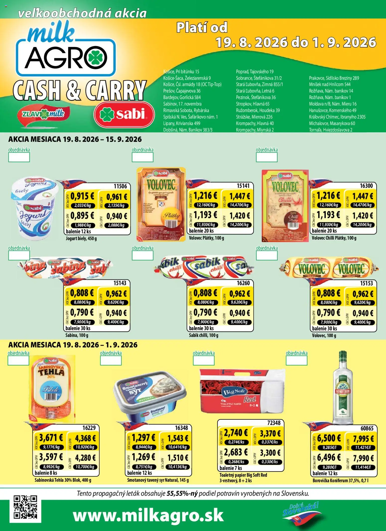 Nové Milk Agro akcie – leták je platný od 19.08.2026 | Strana: 1 | Produkty: Syr, Jogurt, Chilli, Toaletný papier