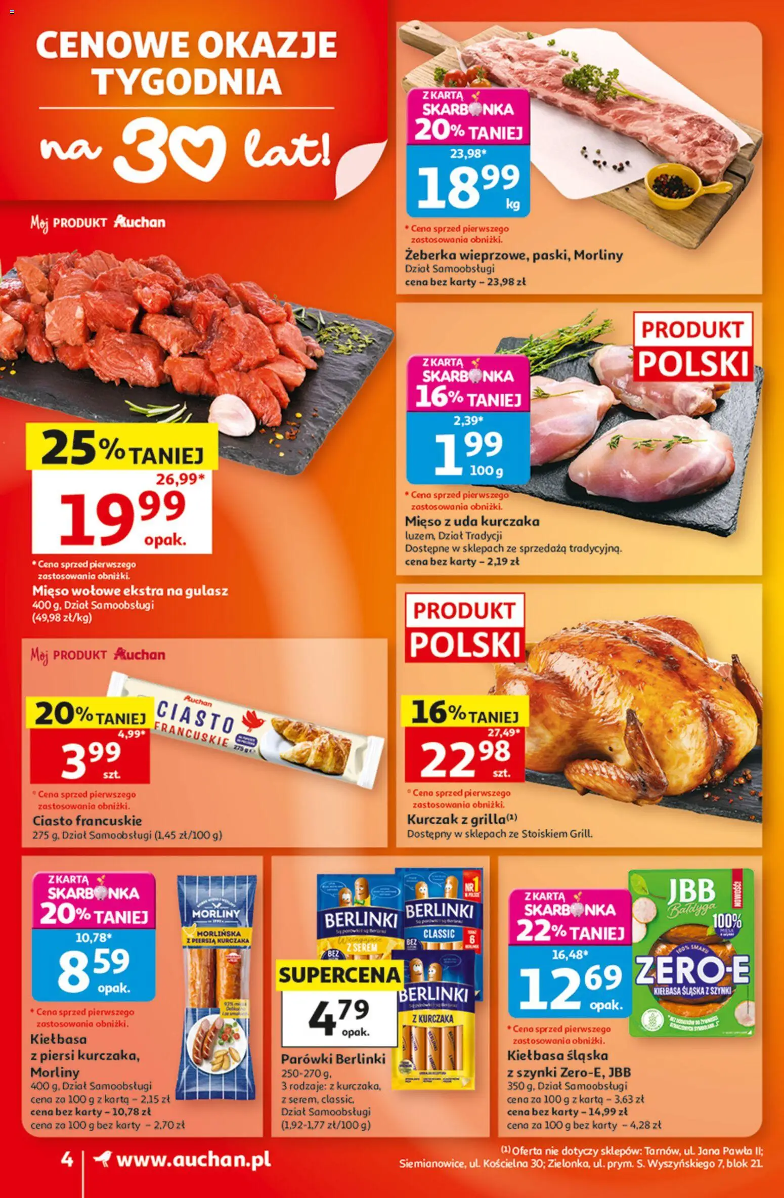 Auchan gazetka od 20.08.2026 | Strona: 4 | Produkty: Serem, Parówki berlinki, Mięso z uda kurczaka, Mięso
