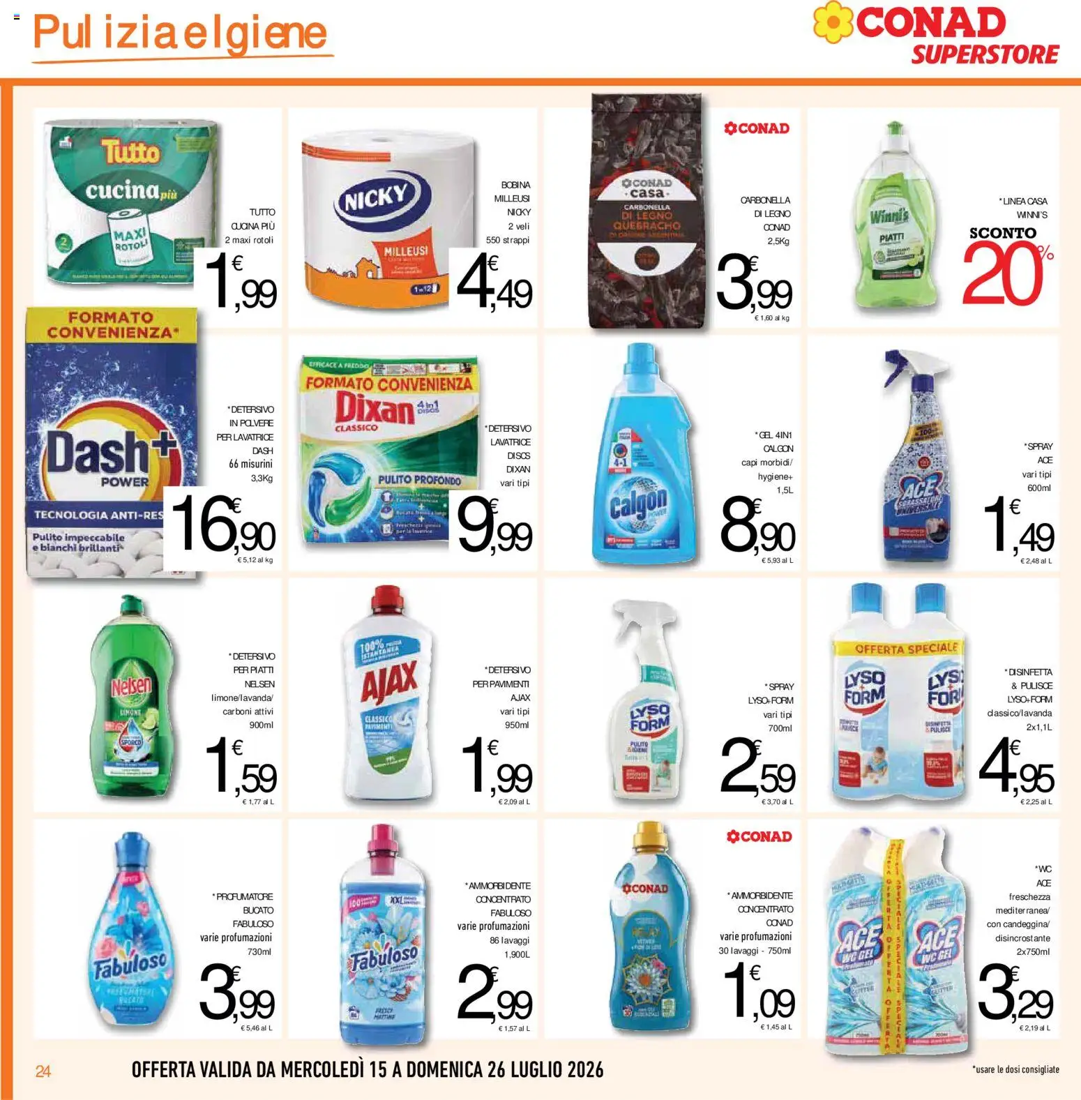 Volantino Conad del 15/07/2026 | Pagina: 24 | Prodotti: Detersivo in polvere, Detersivo per piatti, Lavatrice, WC