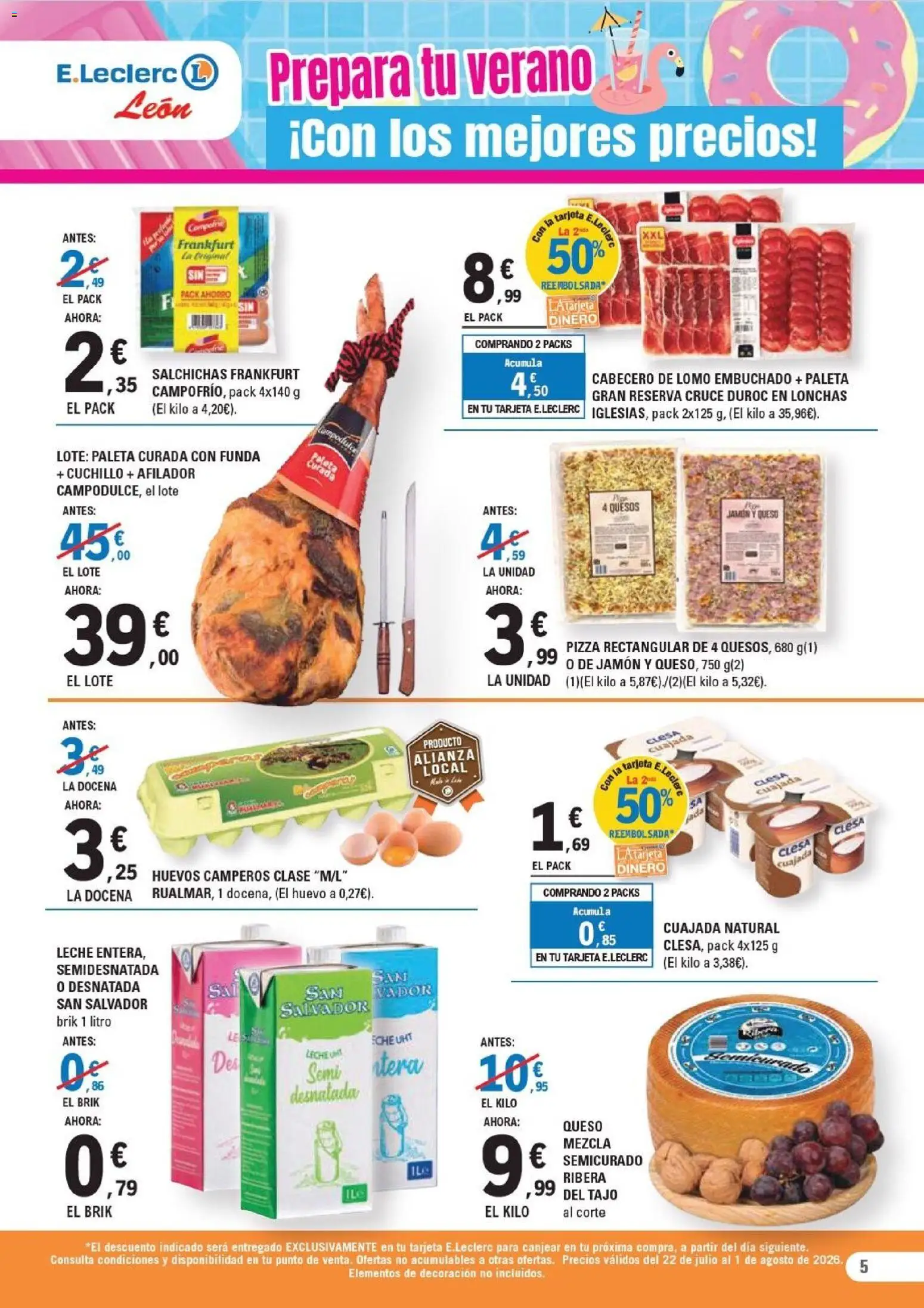 E.Leclerc folleto León │ válido desde el 22/07/2026 | Página: 5 | Productos: Queso, Huevos, Pizza, Funda