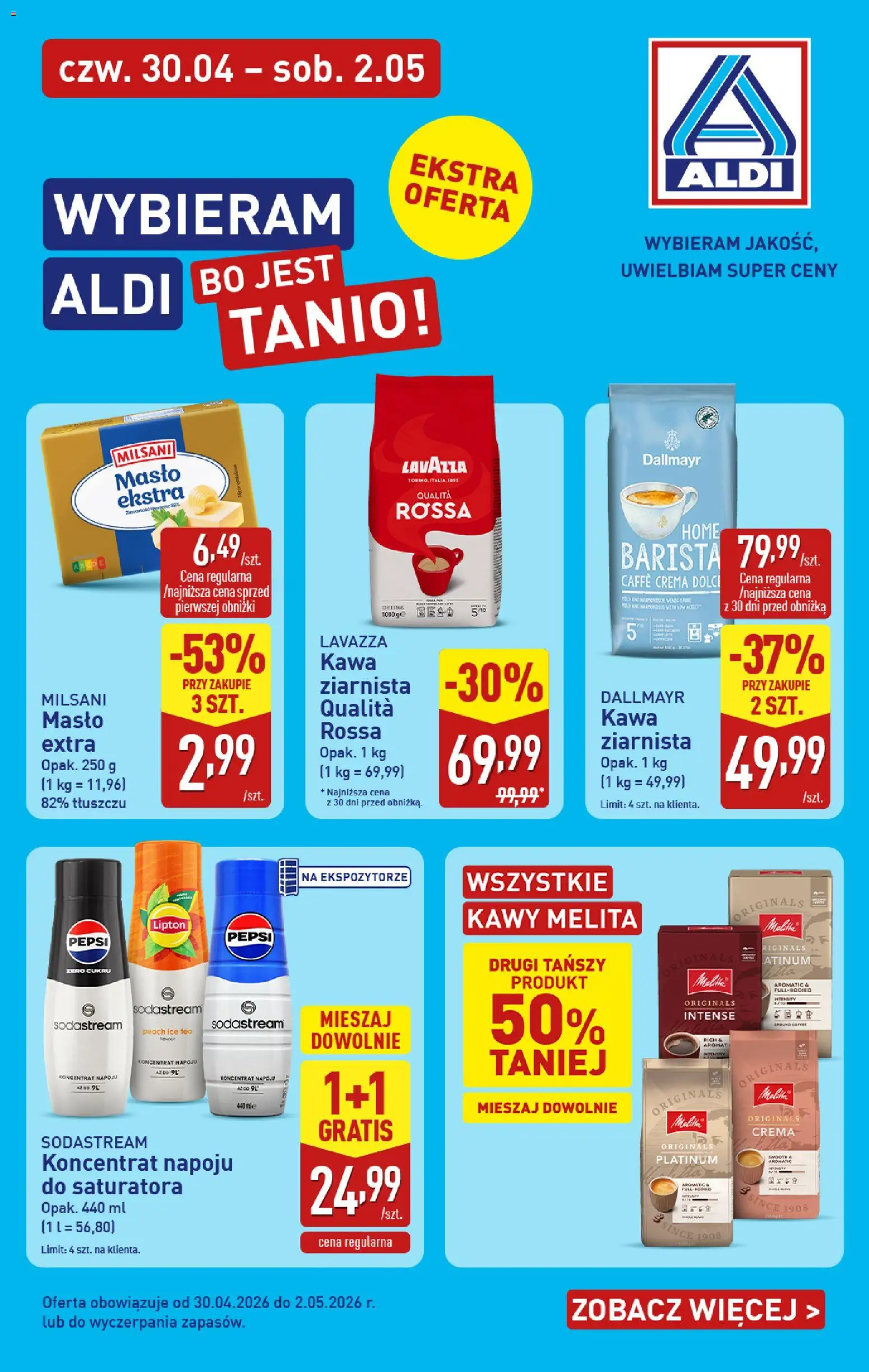 Aldi gazetka - Promocje weekend od 30.04.2026 | Strona: 1 | Produkty: Pepsi, Lavazza, Masło, Sodastream