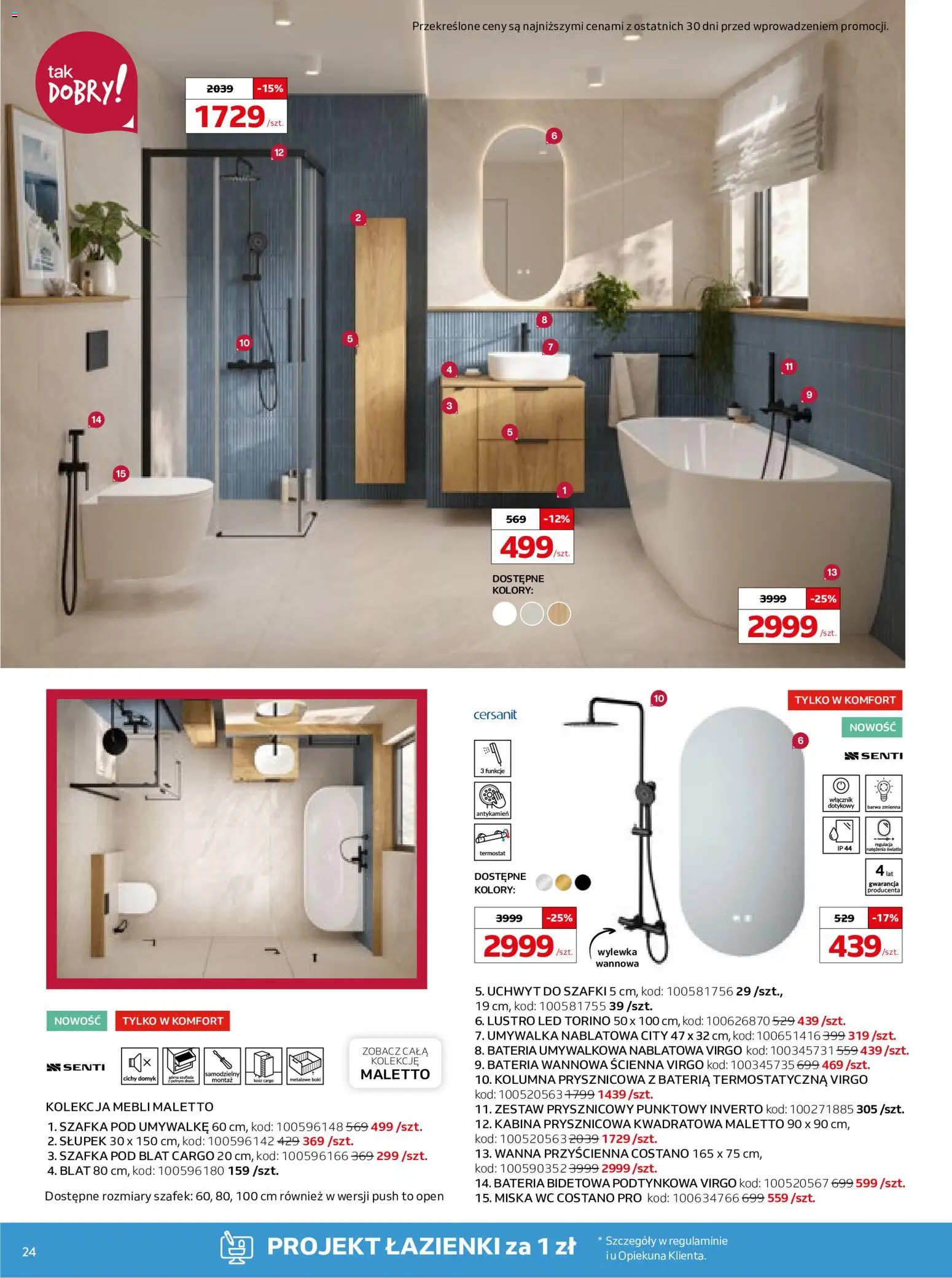 Komfort gazetka od 12.08.2026 | Strona: 24 | Produkty: Lustro LED, Umywalka, Bateria, Kosz