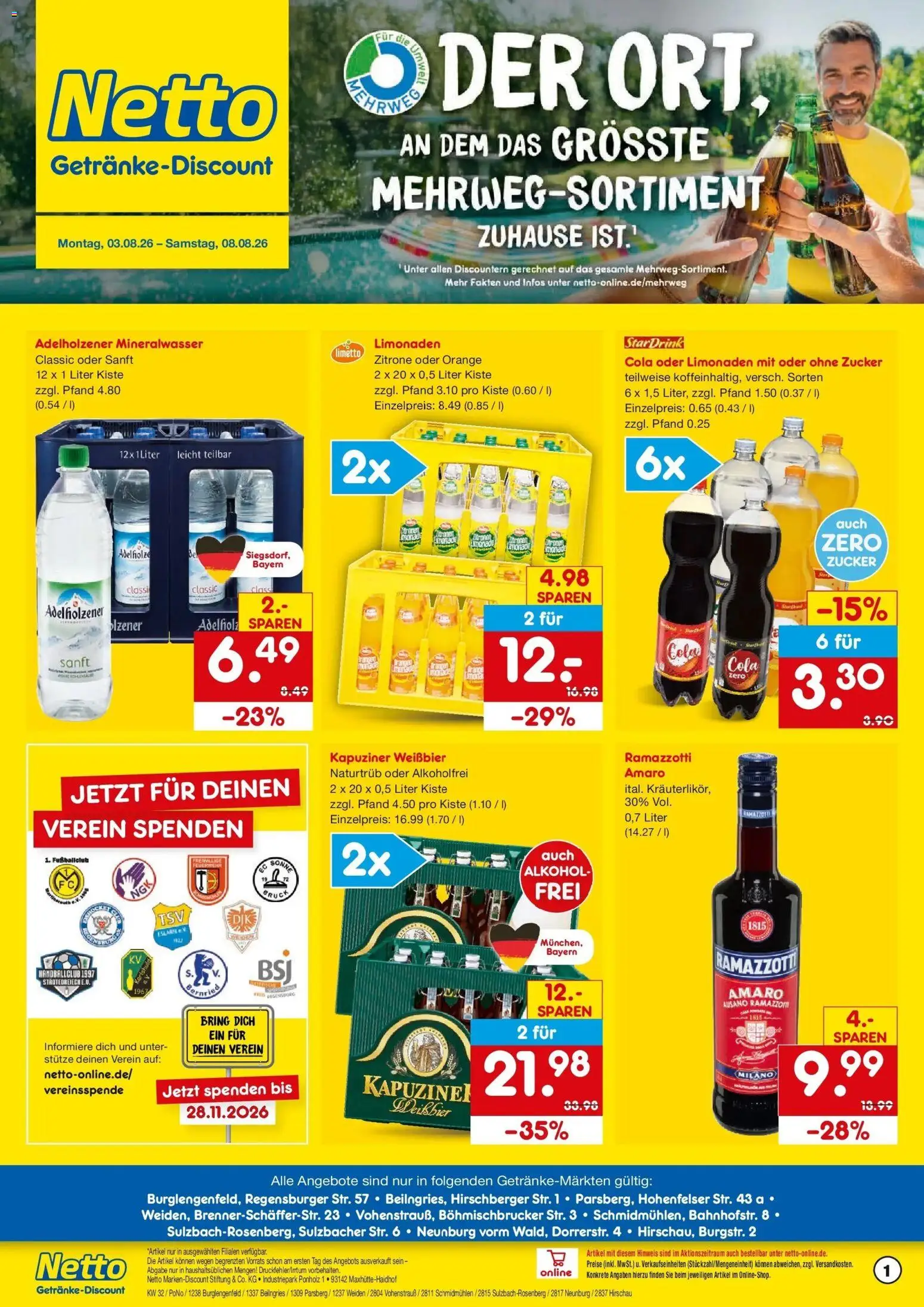 Netto Marken-Discount Prospekt Schmidmühlen – gültig ab 03.08.2026 | Seite: 1 | Produkte: Weißbier, Adelholzener, Zitrone, Ramazzotti