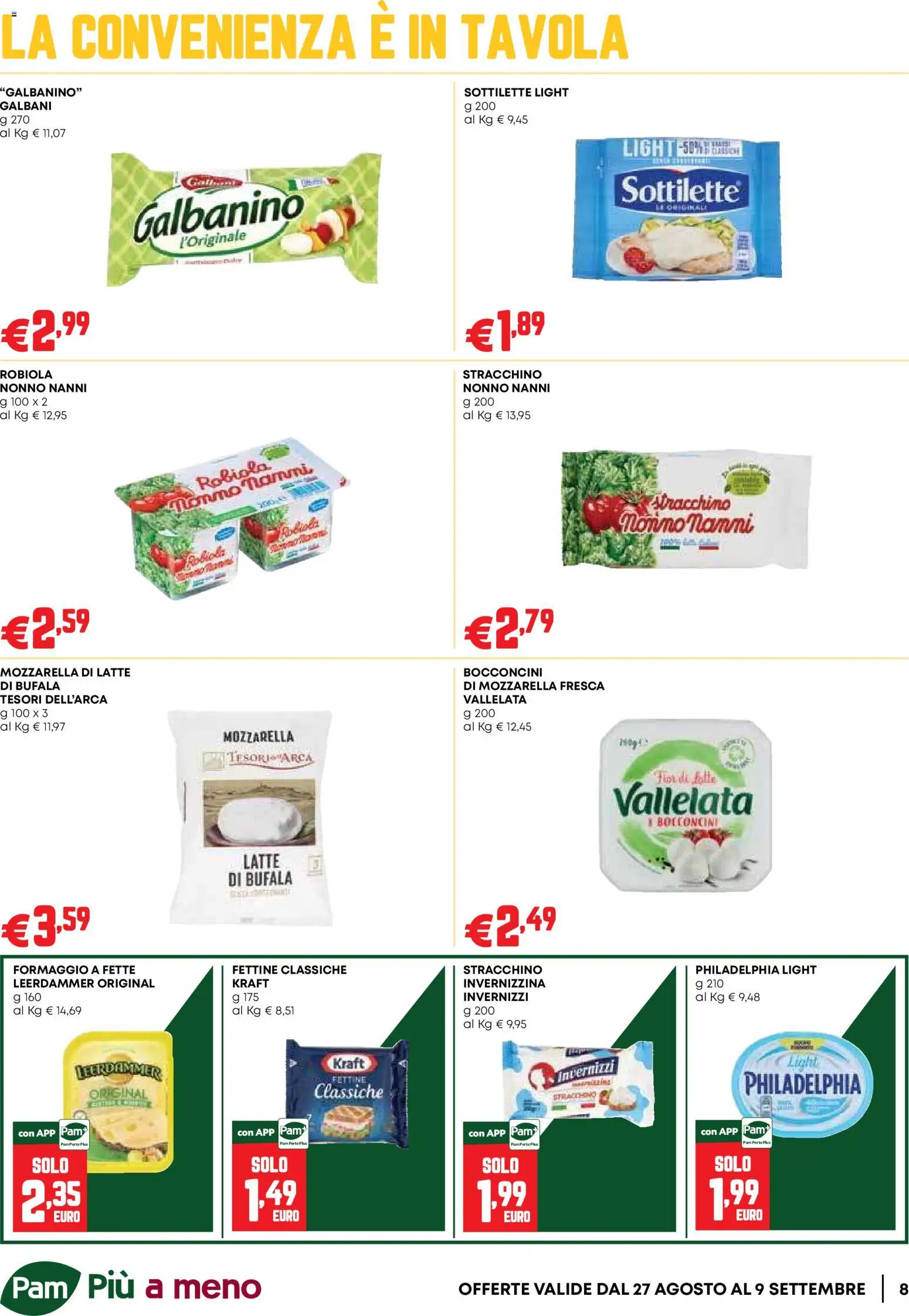 Volantino PAM del 27/08/2026 | Pagina: 8 | Prodotti: Formaggio a fette, Mozzarella, Stracchino, Robiola