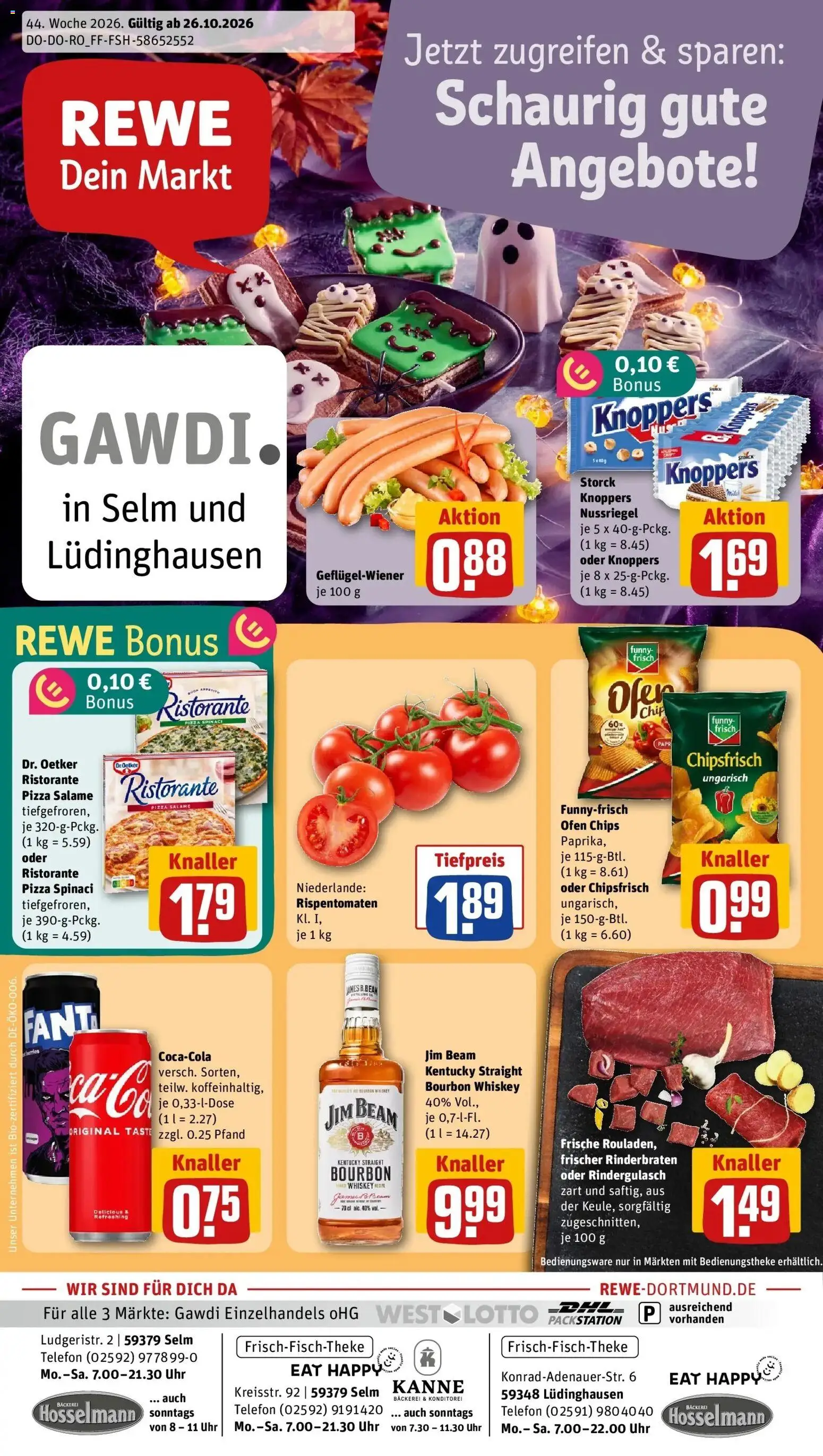 REWE Prospekt ab 26.10.2026 zum Blättern » Angebote | Seite: 1 | Produkte: Rinderbraten, Jim beam, Pizza, Chips