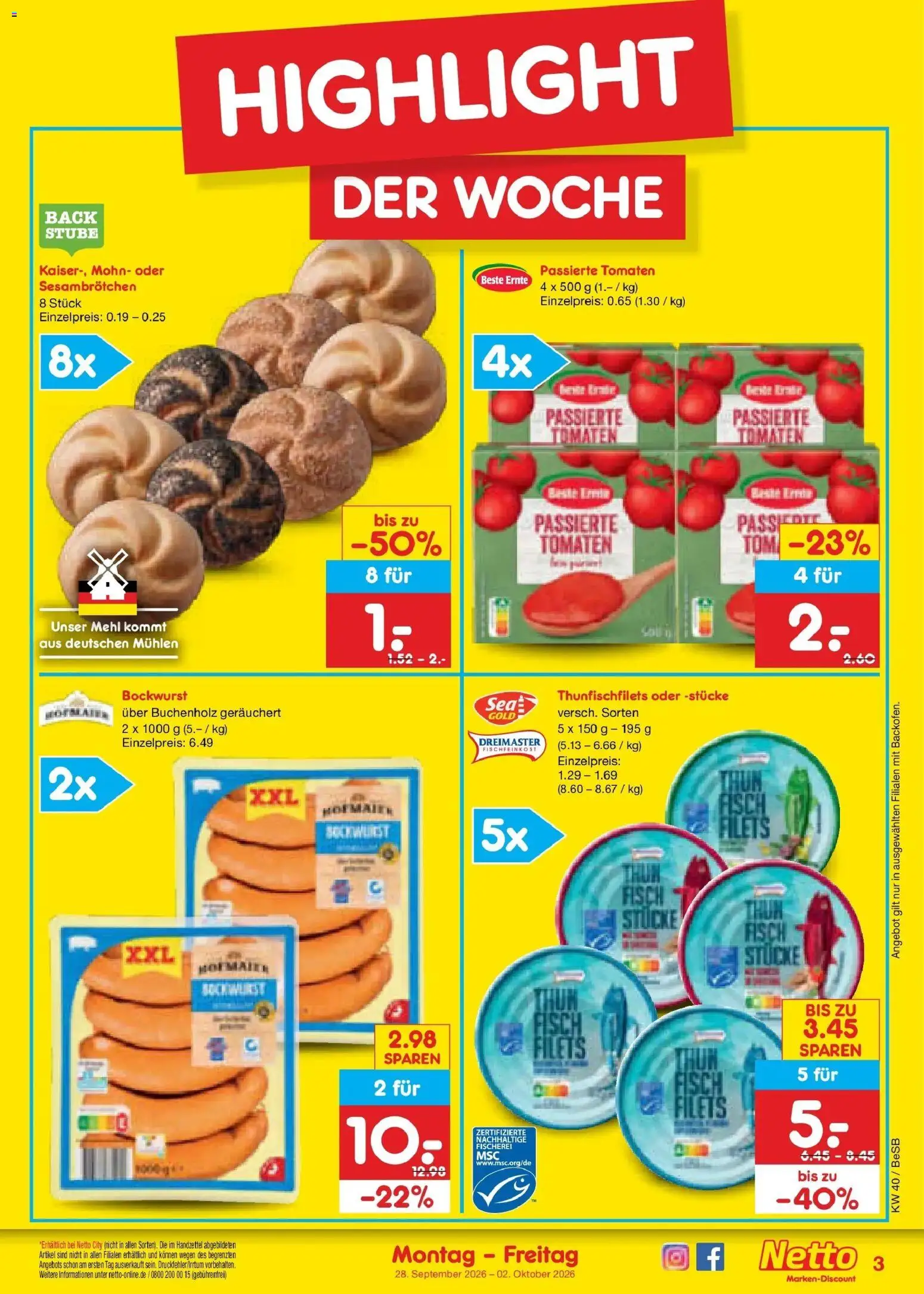 Netto Marken-Discount Prospekt Kremmen – gültig ab 28.09.2026 | Seite: 3 | Produkte: Bockwurst, Mehl, Tomaten, Fisch