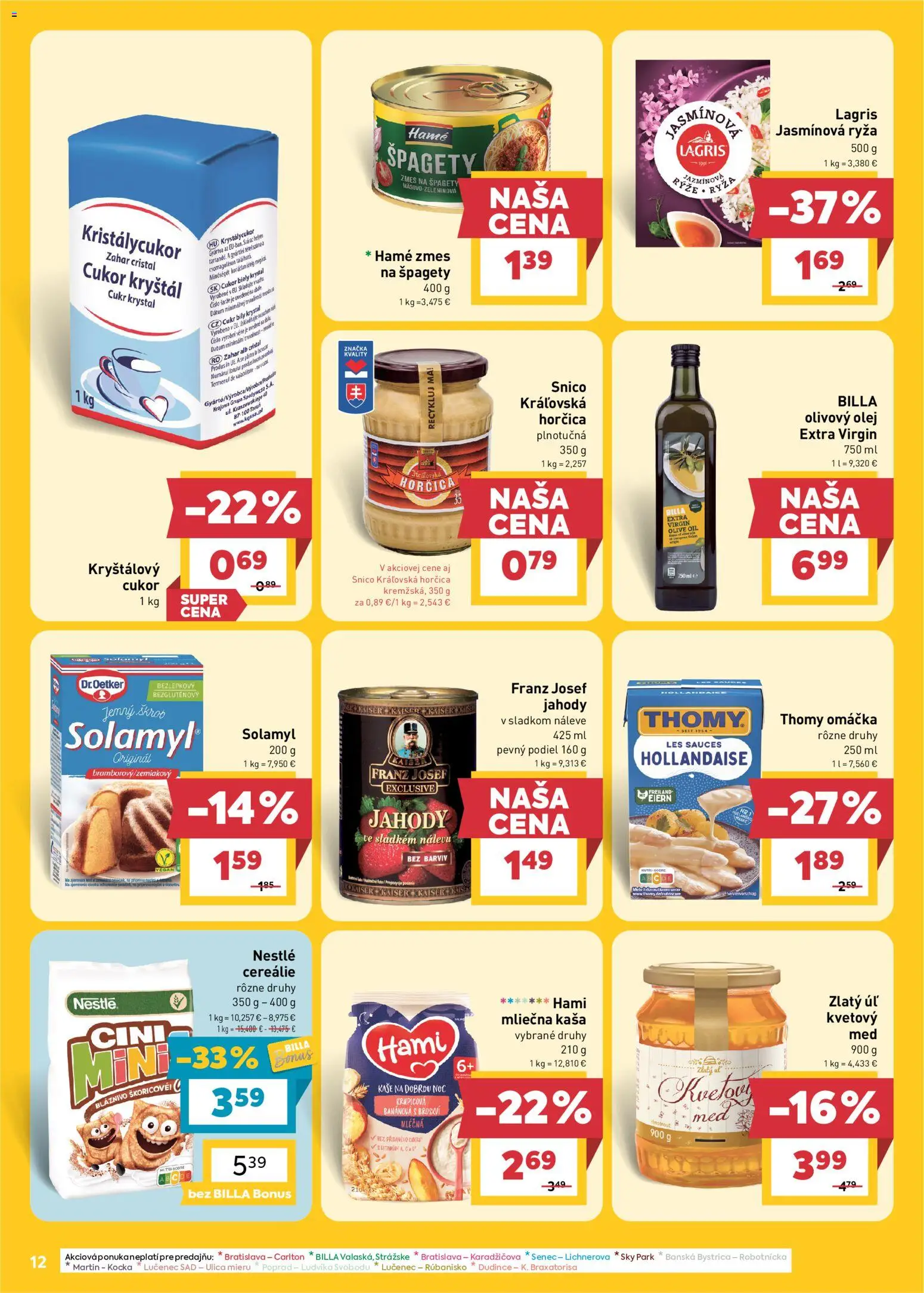 Nové Billa akcie – leták je platný od 23.09.2026 | Strana: 12 | Produkty: Cukor kryštál, Omáčka, Horčica, Kaša