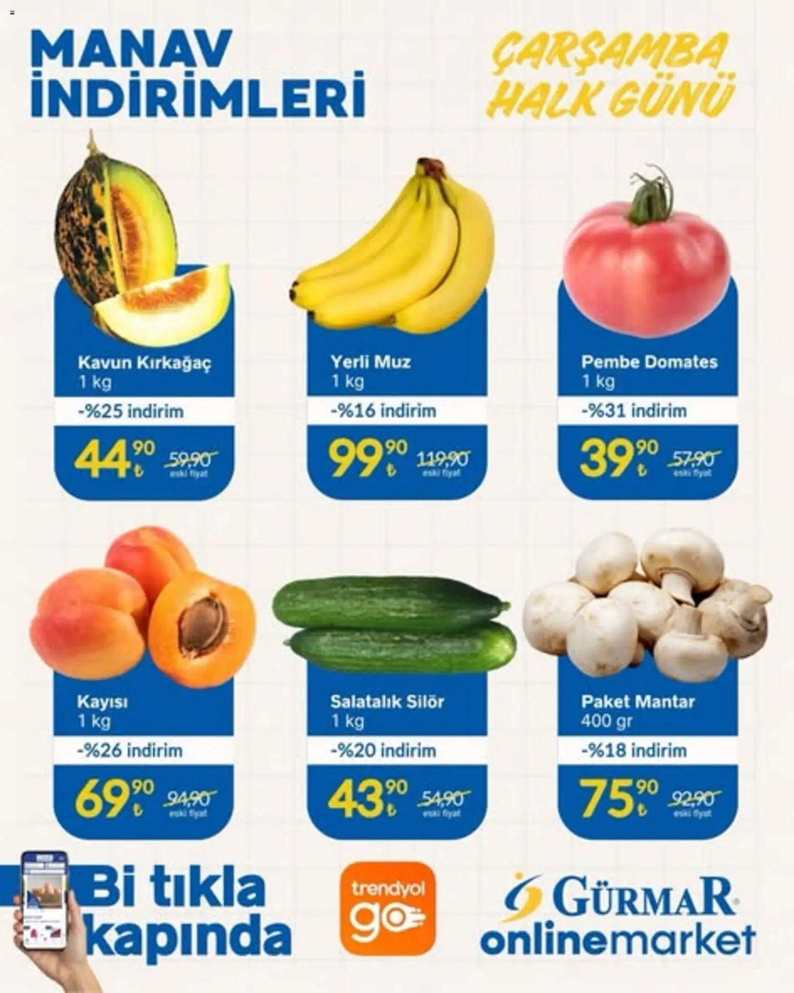 Gürmar - Manav İndirimleri - 17.06.2026 tarihinden itibaren geçerlidir | Sayfa: 1 | Ürünler: Domates, Kayısı, Kavun, Mantar