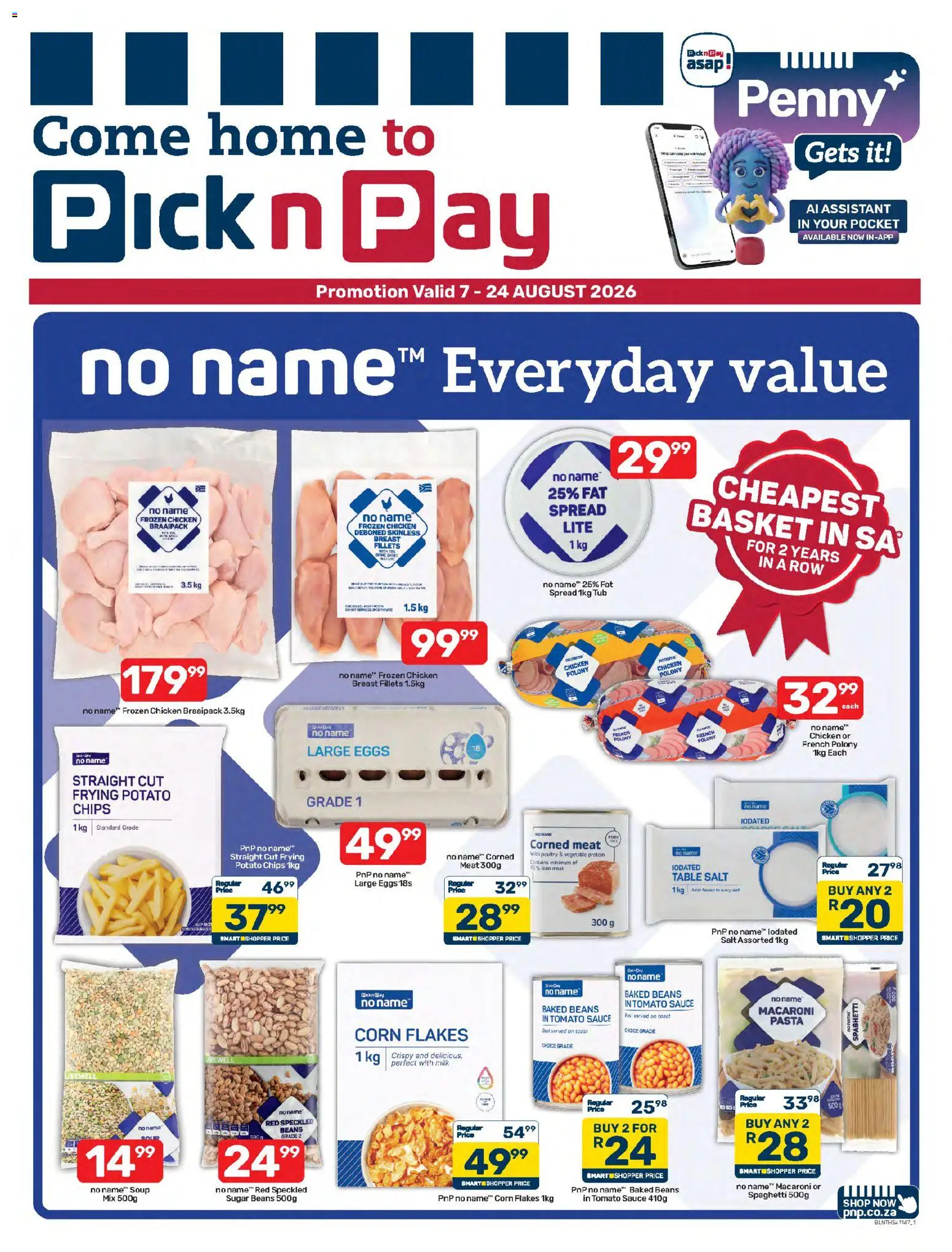 New Pick n Pay catalogue – valid from 07/08/2026 | Page: 1 | Products: Corned meat, Soup, Flakes, Sugar