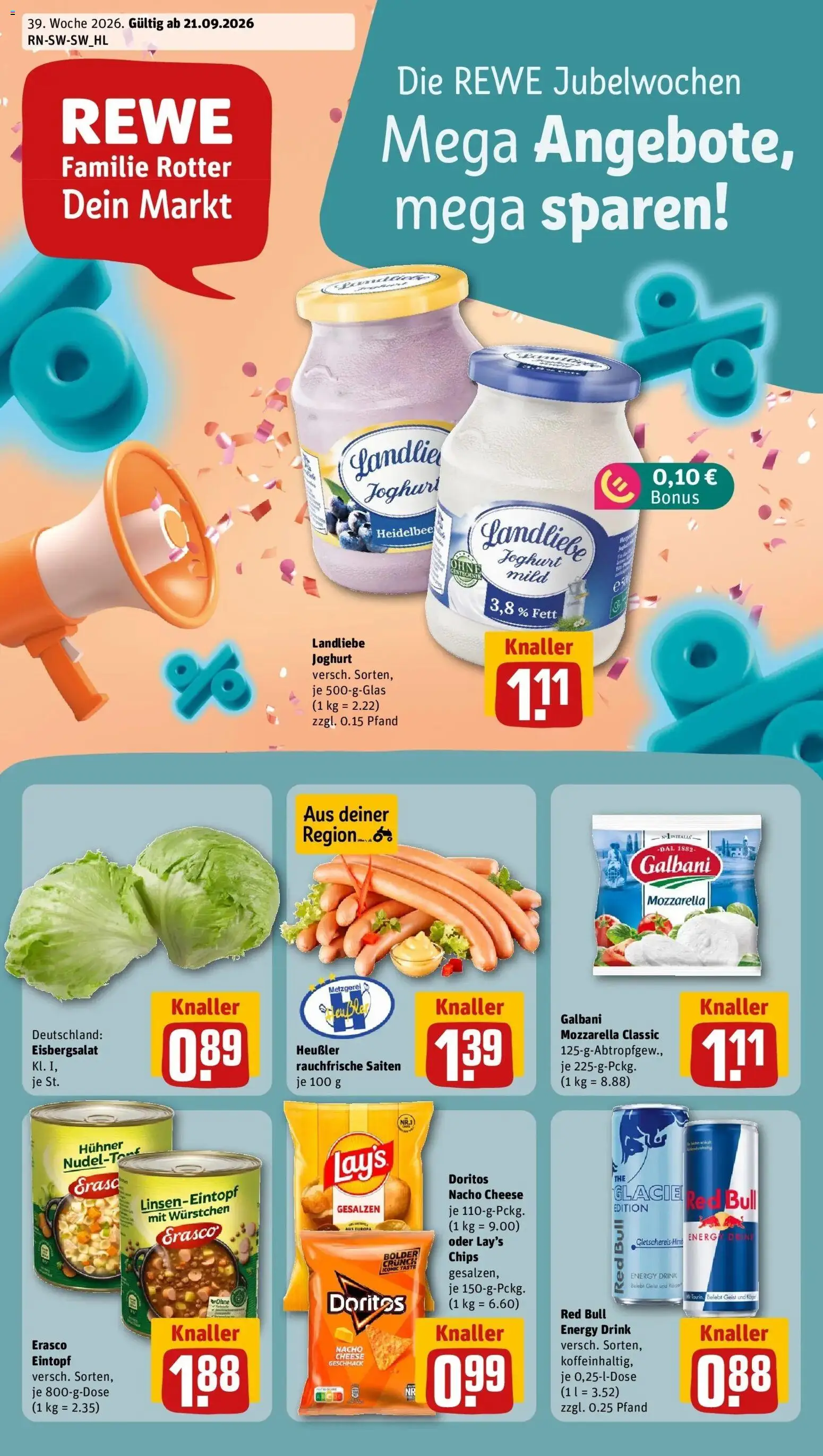 REWE Prospekt ab 21.09.2026 zum Blättern » Angebote | Seite: 1 | Produkte: Red bull, Eisbergsalat, Landliebe joghurt, Chips