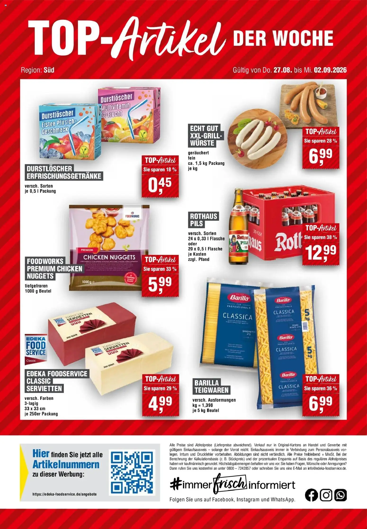 Edeka Prospekt Michelstadt – gültig ab 27.08.2026 | Seite: 14 | Produkte: Durstloscher, Barilla, Spaghetti, Pils