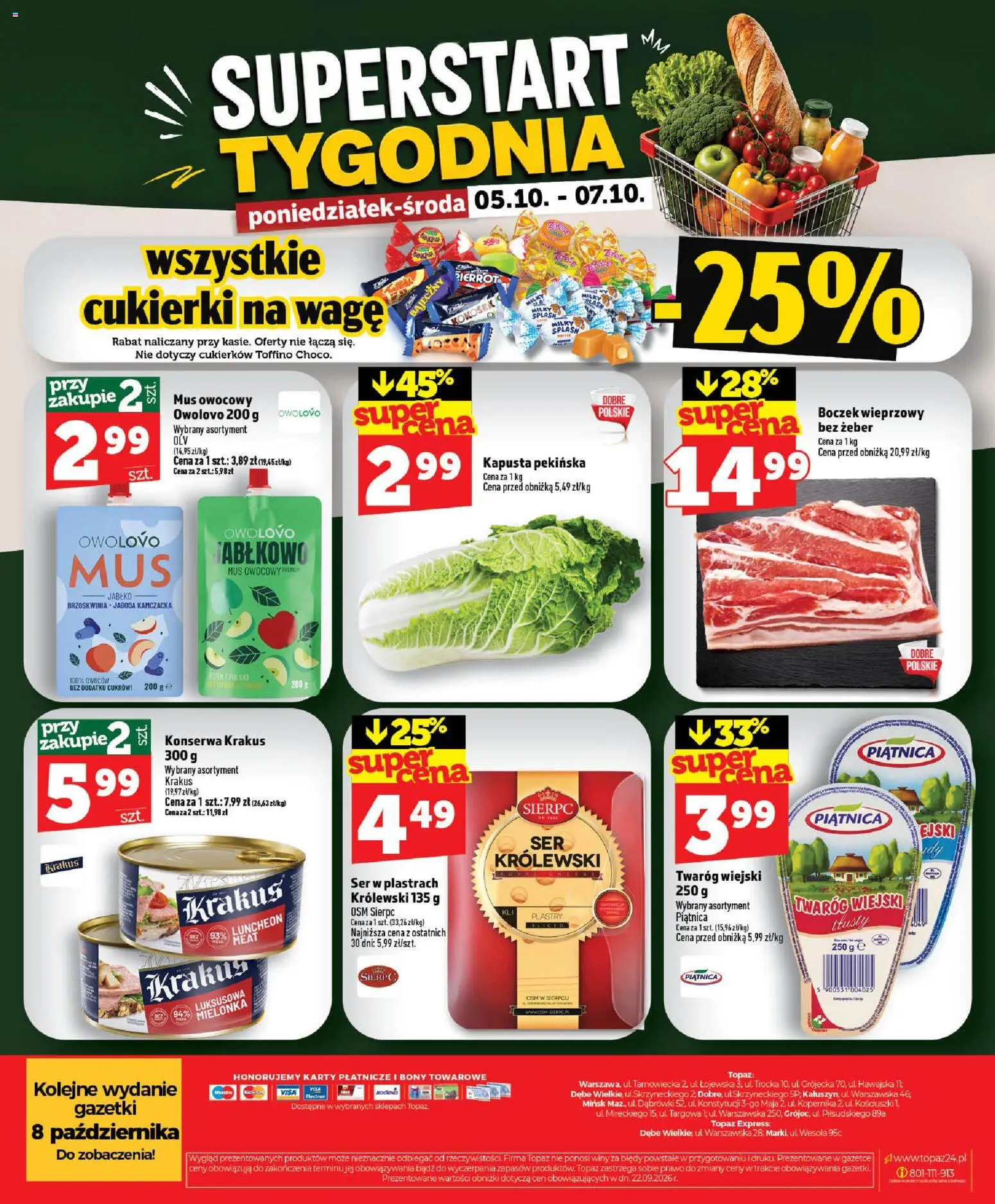 Topaz gazetka - MAZ od 01.10.2026 | Strona: 48 | Produkty: Ser w plastrach, Kapusta, Mus owocowy, Cukierki