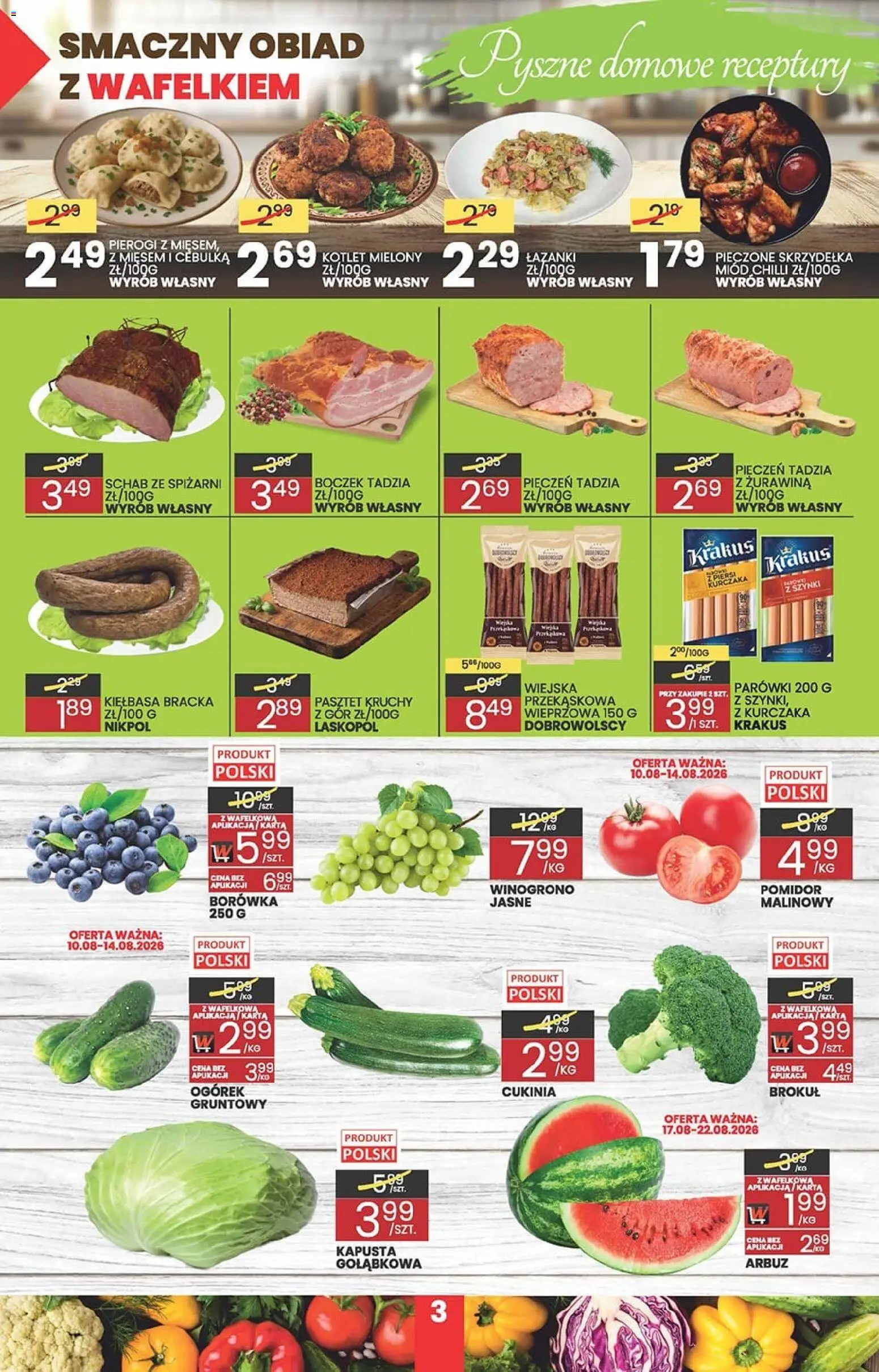 Wafelek gazetka od 10.08.2026 | Strona: 3 | Produkty: Miód, Pierogi, Pasztet, Pomidor