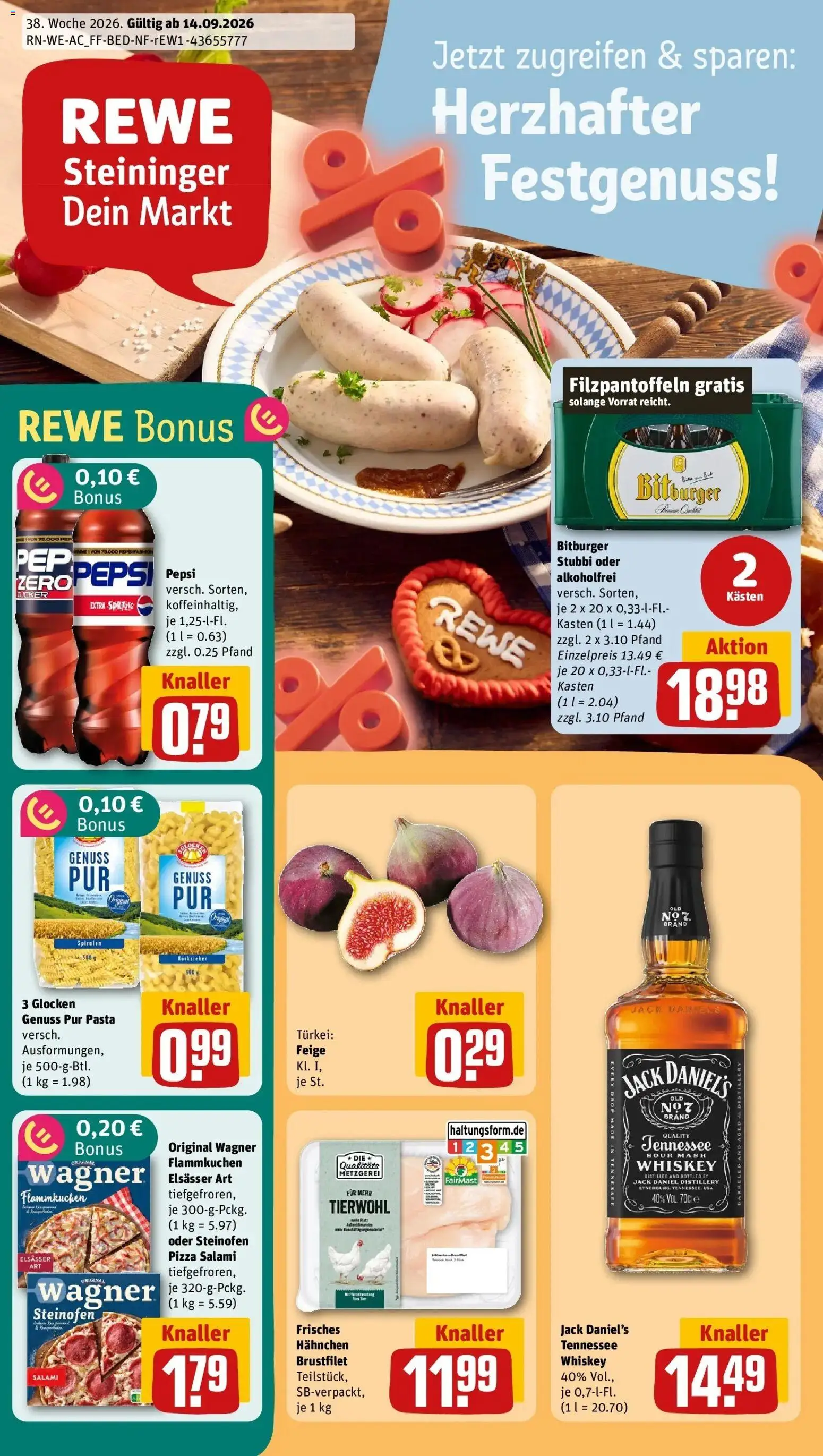 REWE Prospekt ab 14.09.2026 zum Blättern » Angebote | Seite: 1 | Produkte: Zucker, Pepsi, Salami, Whiskey