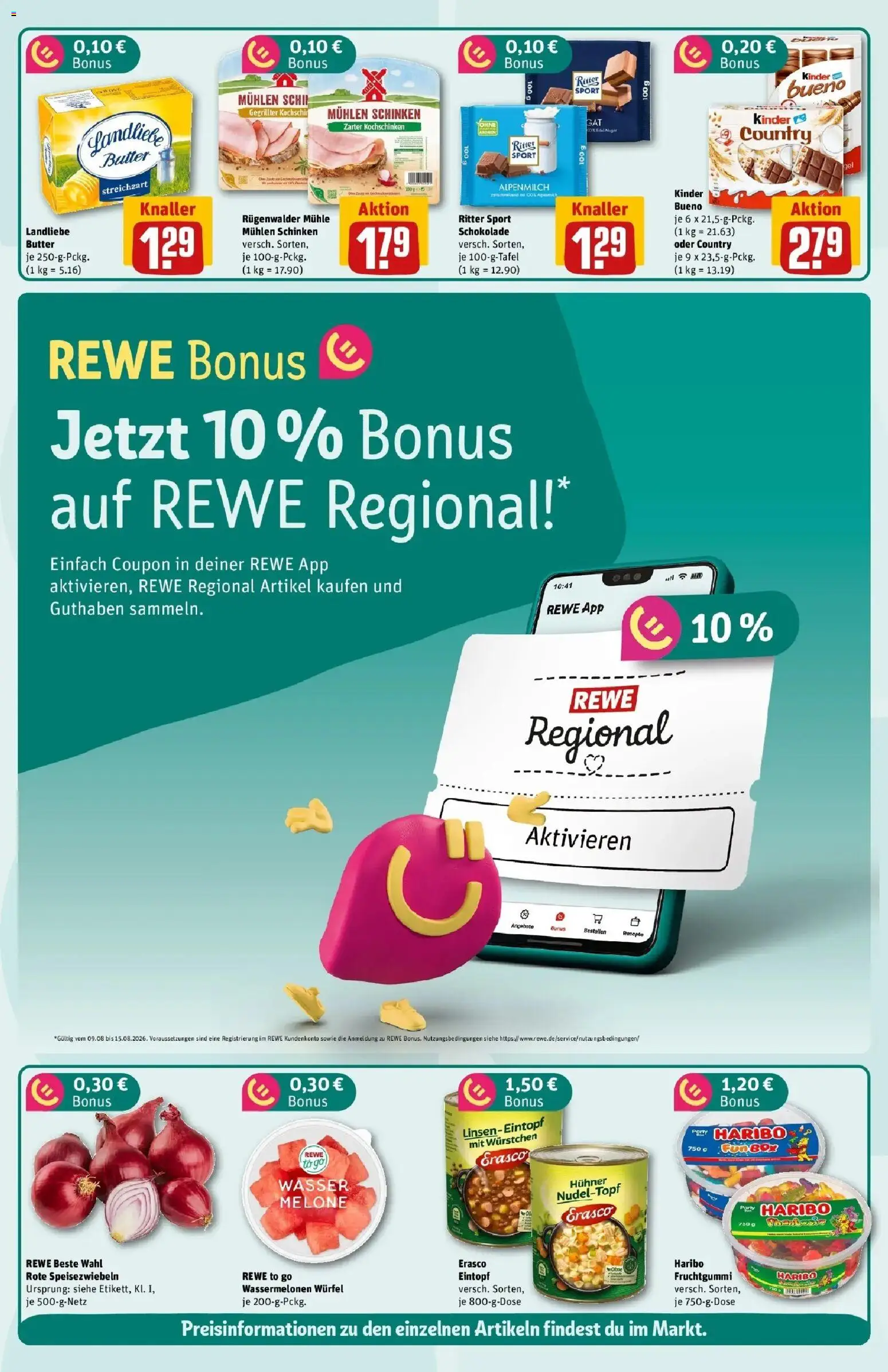 REWE Prospekt ab 10.08.2026 zum Blättern » Angebote | Seite: 2 | Produkte: Butter, Kinder bueno, Wasser, Melone