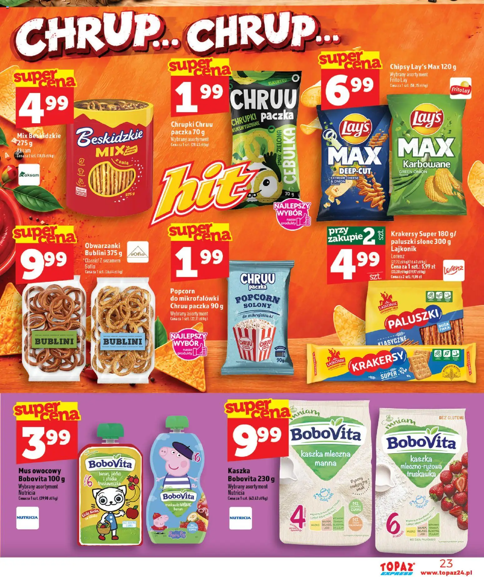 Topaz gazetka - Express od 22.10.2026 | Strona: 23 | Produkty: Wiśnie, Paluszki, Mleko, Popcorn
