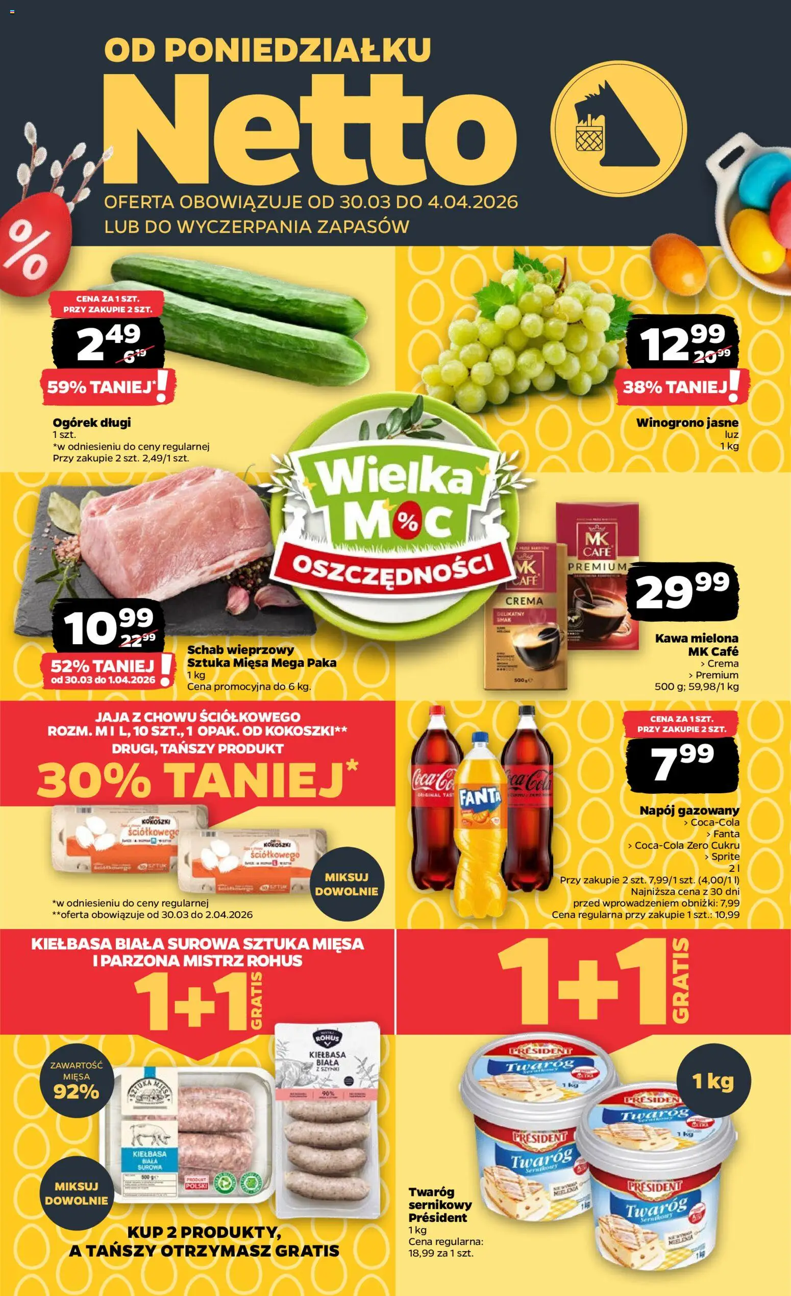 Netto gazetka od poniedziałku spożywcza od 30.03.2026 | Strona: 1 | Produkty: Winogrono, Kawa, Jaja, Twaróg President
