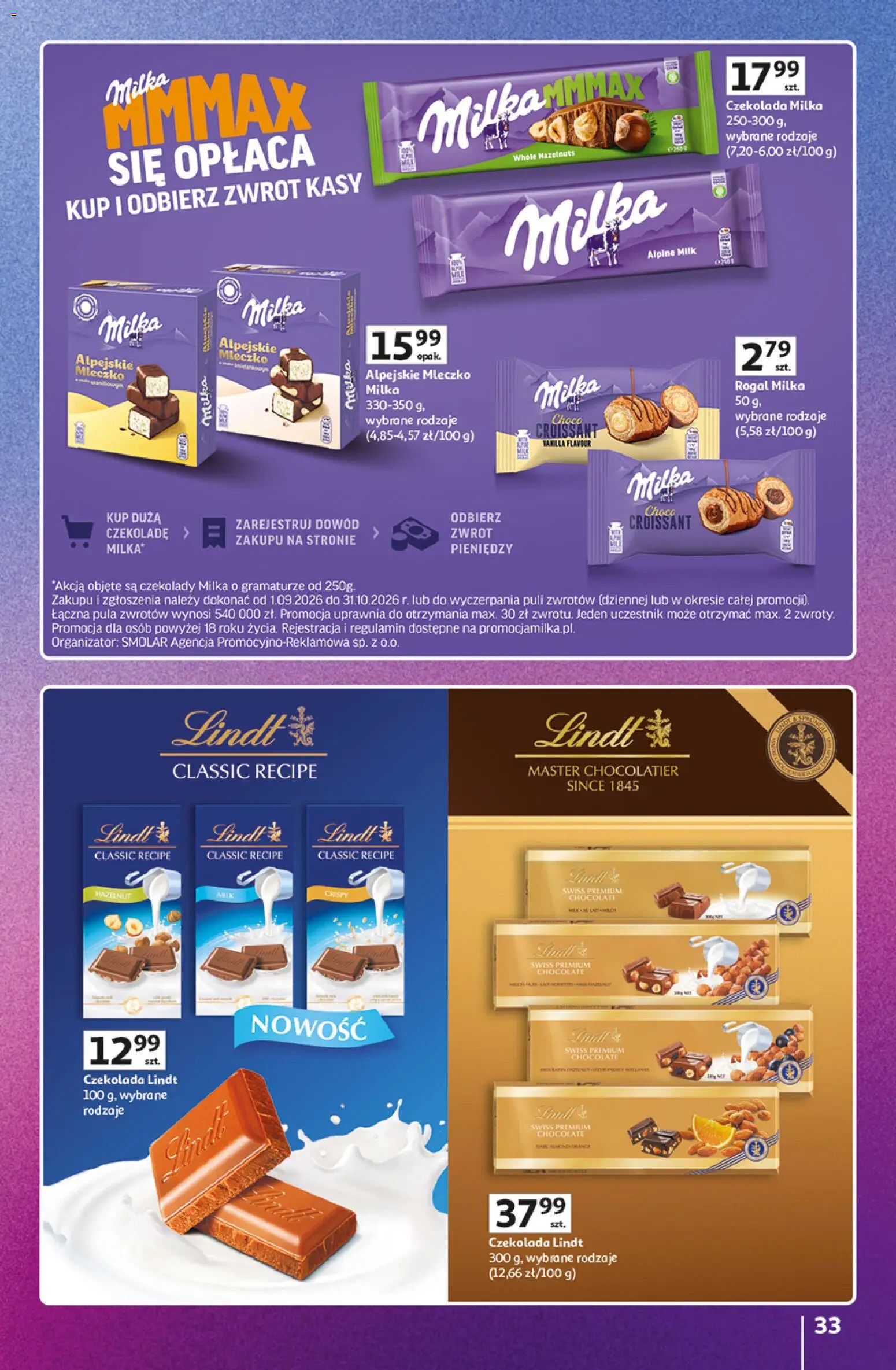 Auchan gazetka - 30 Lat Hipermarket Znane marki od 03.09.2026 | Strona: 33 | Produkty: Lindt, Croissant, Czekolady milka, Czekolada