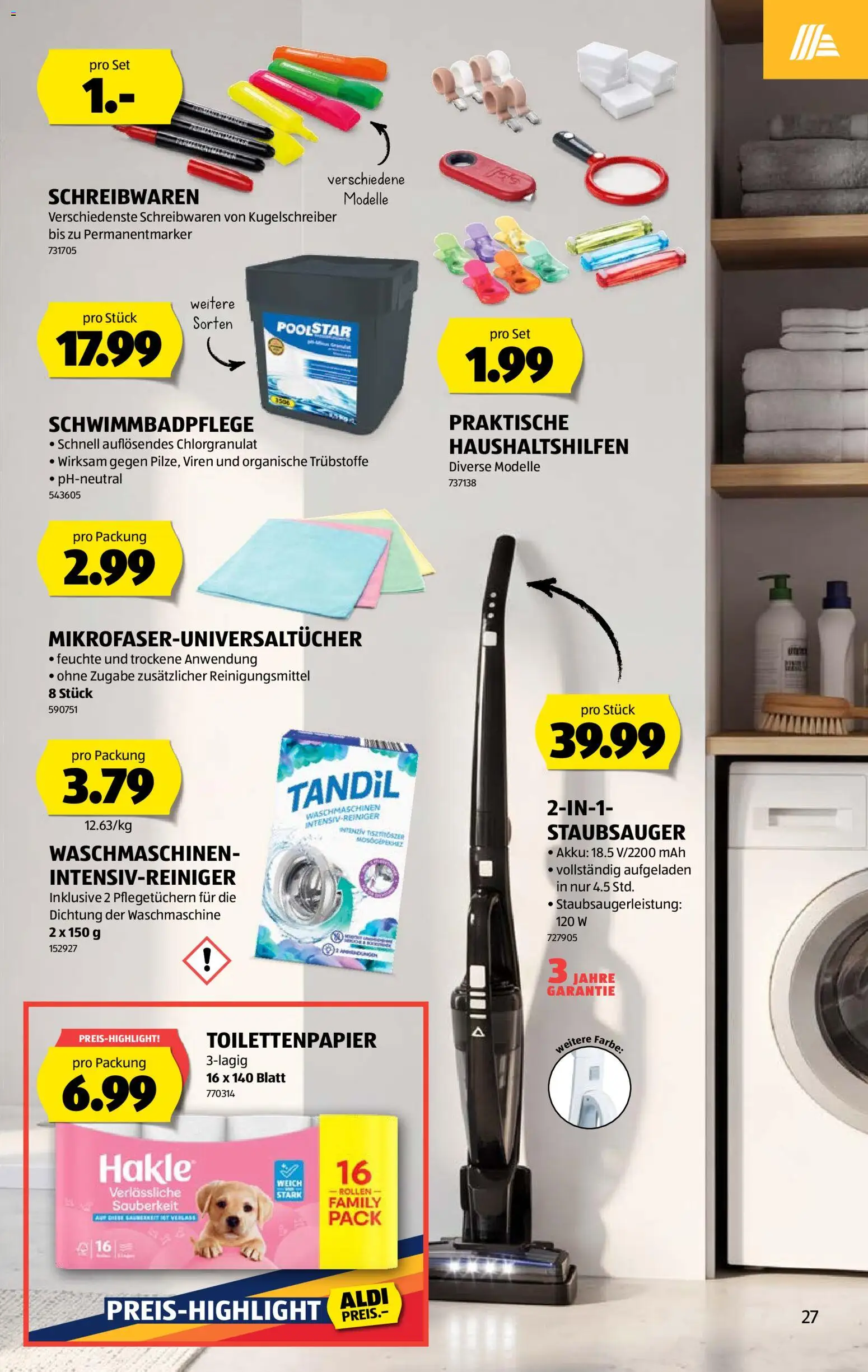 Aldi aktionen – gültig ab 06.08.2026 | Seite: 27 | Produkte: Reinigungsmittel, Waschmaschine, Staubsauger, Toilettenpapier