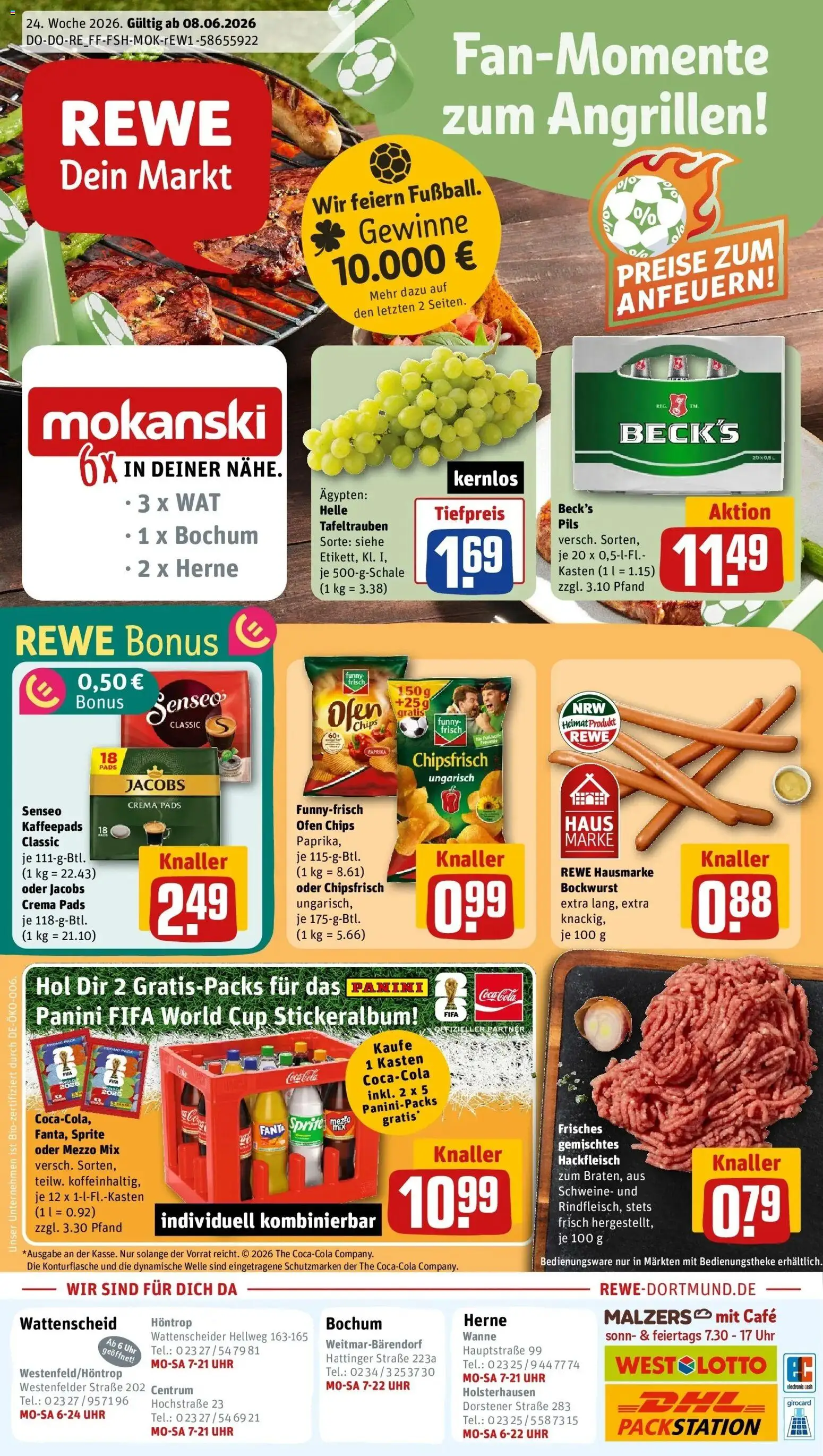 Rewe Prospekt Herne – gültig ab 08.06.2026 | Seite: 1 | Produkte: Mezzo mix, Funny frisch, Pils, Hackfleisch