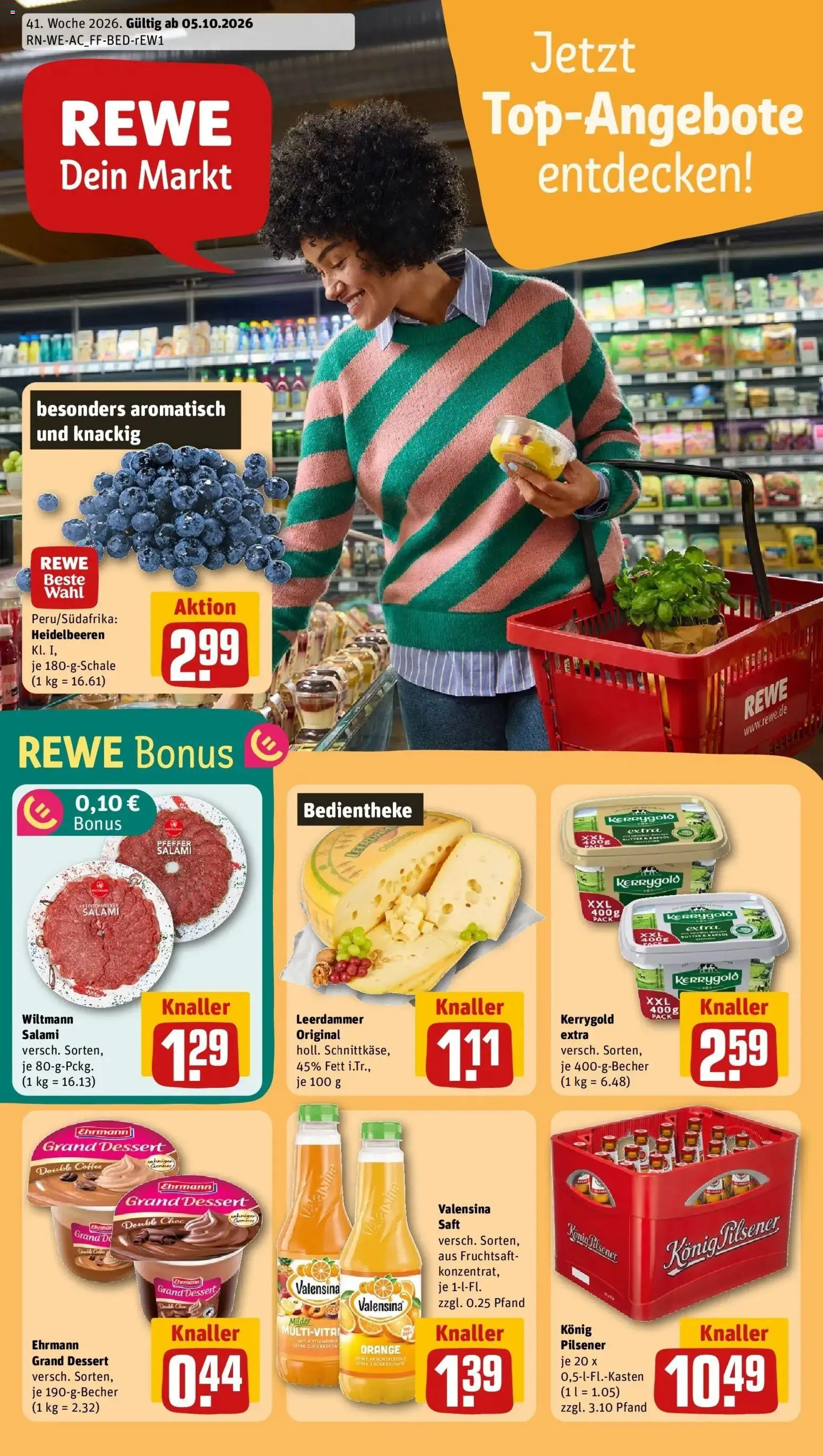 REWE Prospekt ab 05.10.2026 zum Blättern » Angebote | Seite: 1 | Produkte: Butter, Ehrmann grand dessert, Leerdammer, Valensina