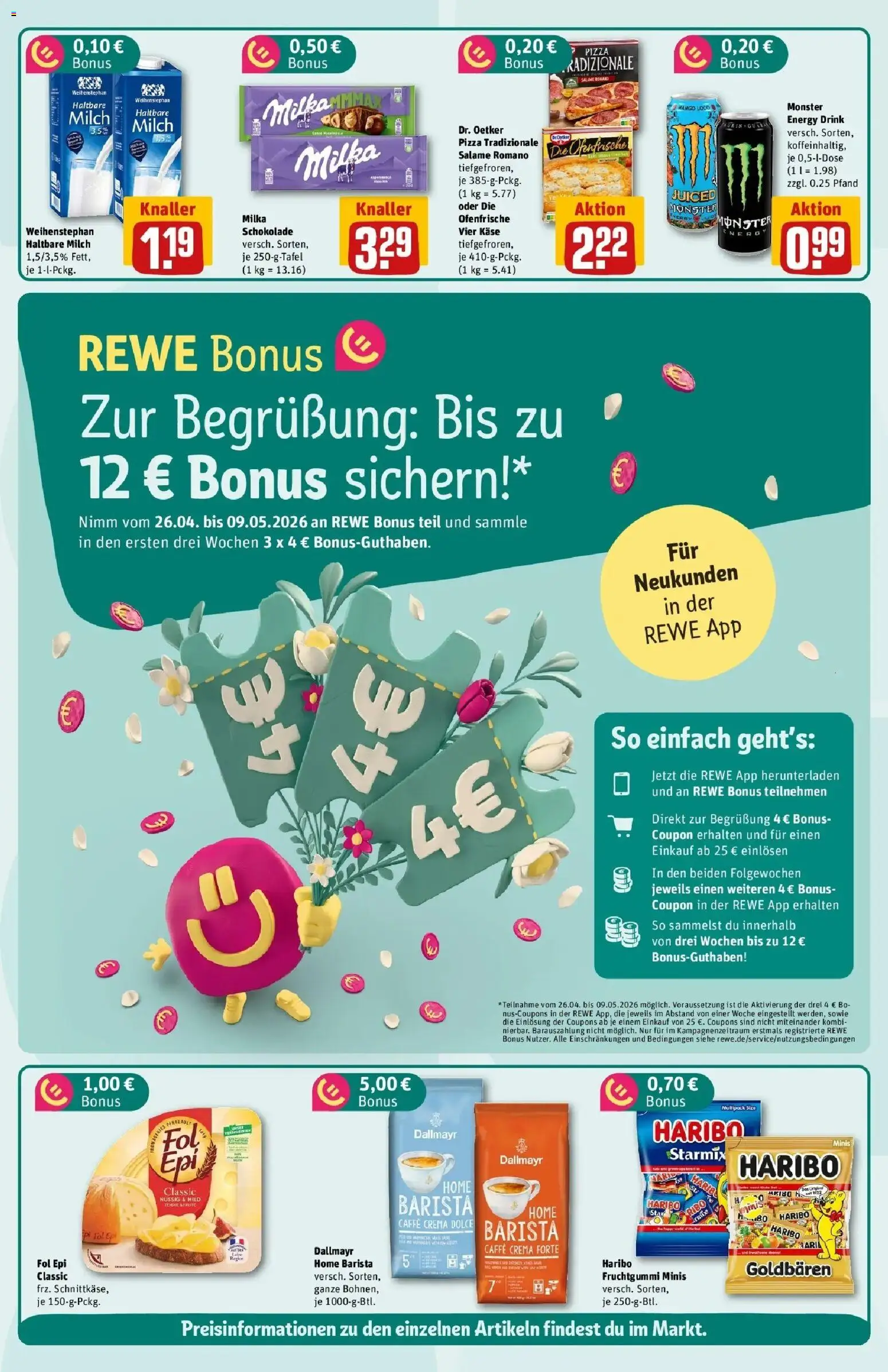 REWE Prospekt ab 04.05.2026 zum Blättern » Angebote | Seite: 4 | Produkte: Energy, Milka schokolade, Monster, Dallmayr